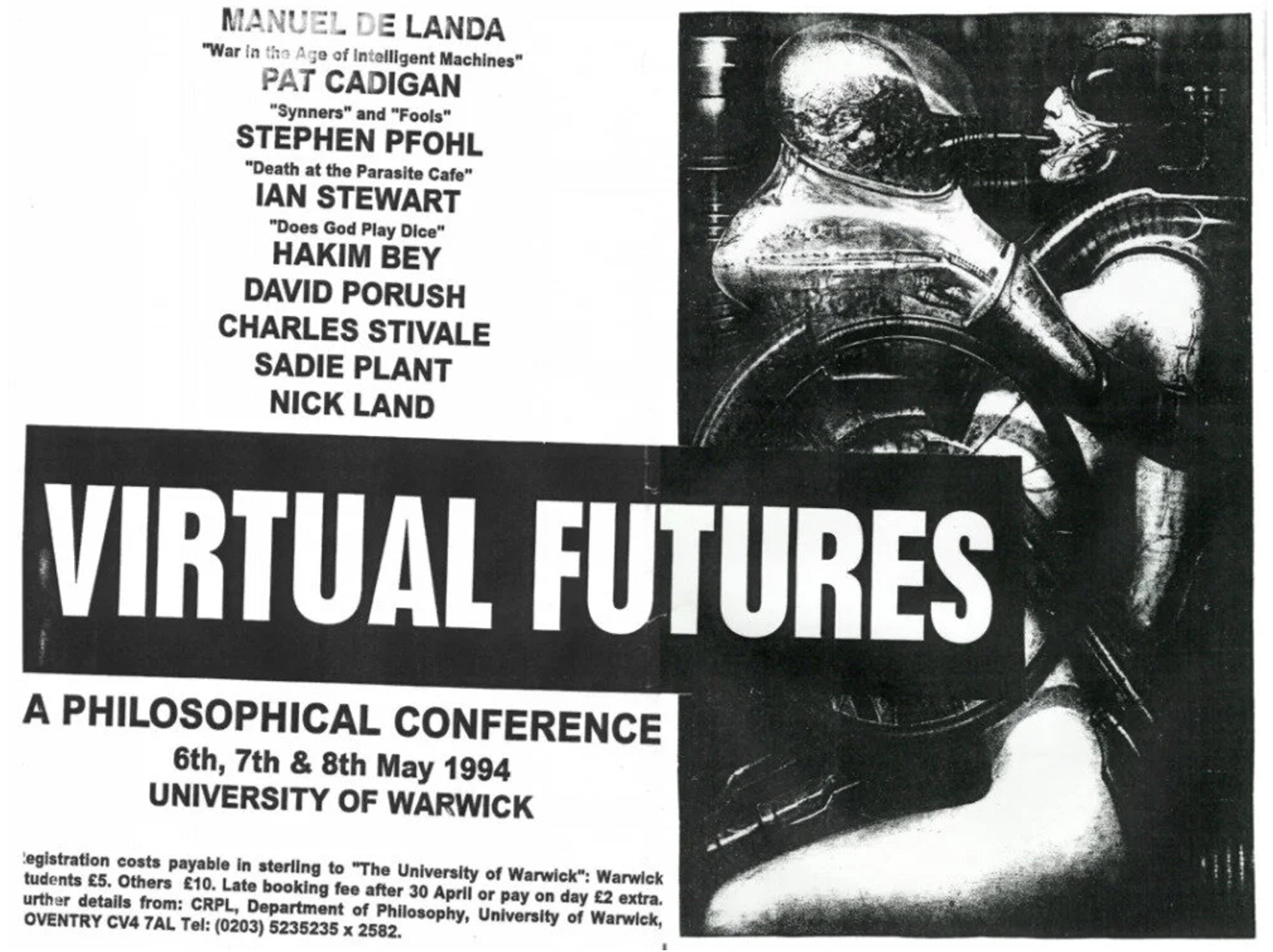 Black-and-white poster for Virtual Futures, a three-day philosophical conference held at the University of Warwick in May 1994, featuring a biomechanical artwork by H R Giger in which a human figure and alien are entwined with mechanical elements.