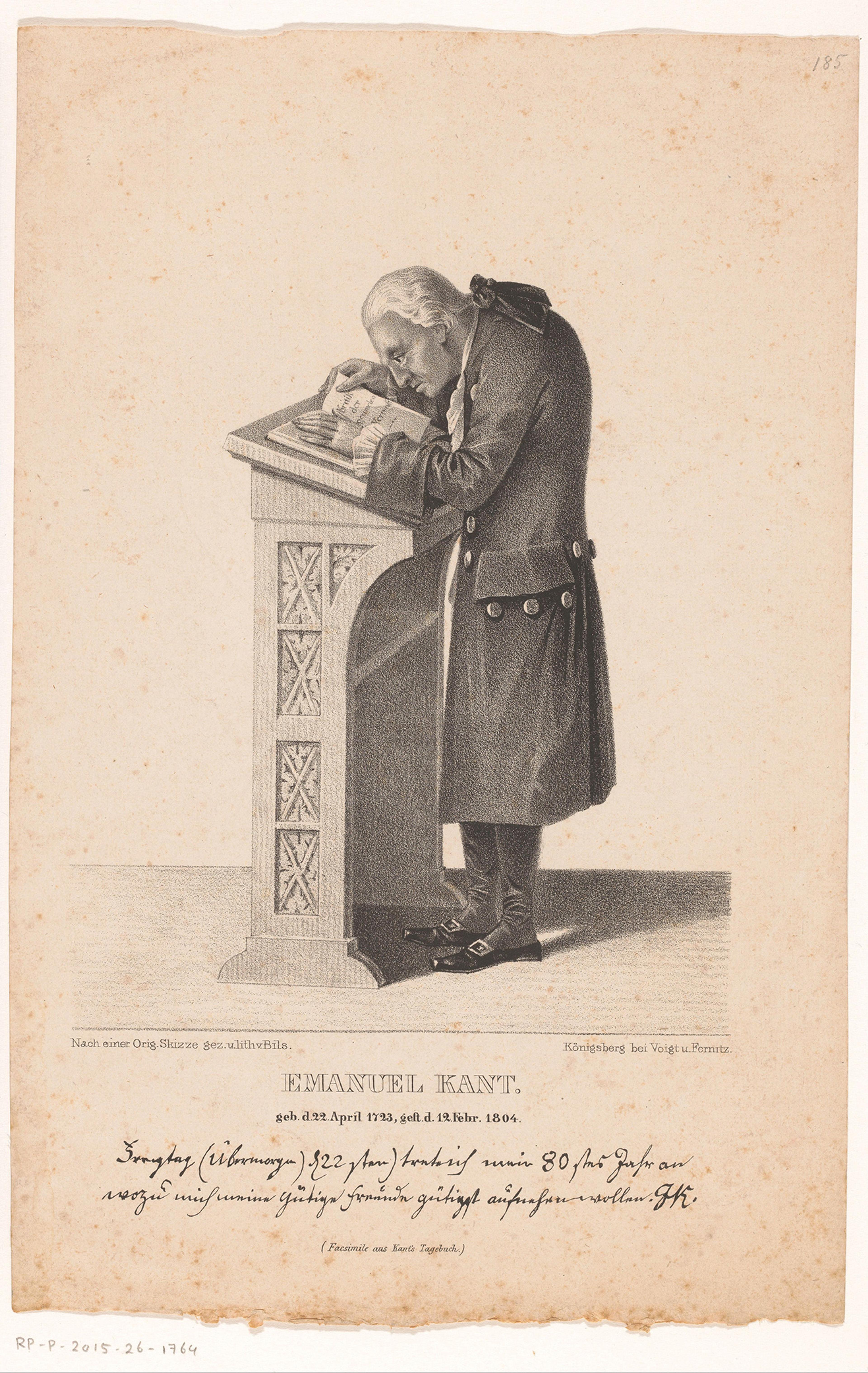 Print portrait of Immanuel Kant standing behind a desk, reading in a book. Under the portrait is a fragment from his diary.