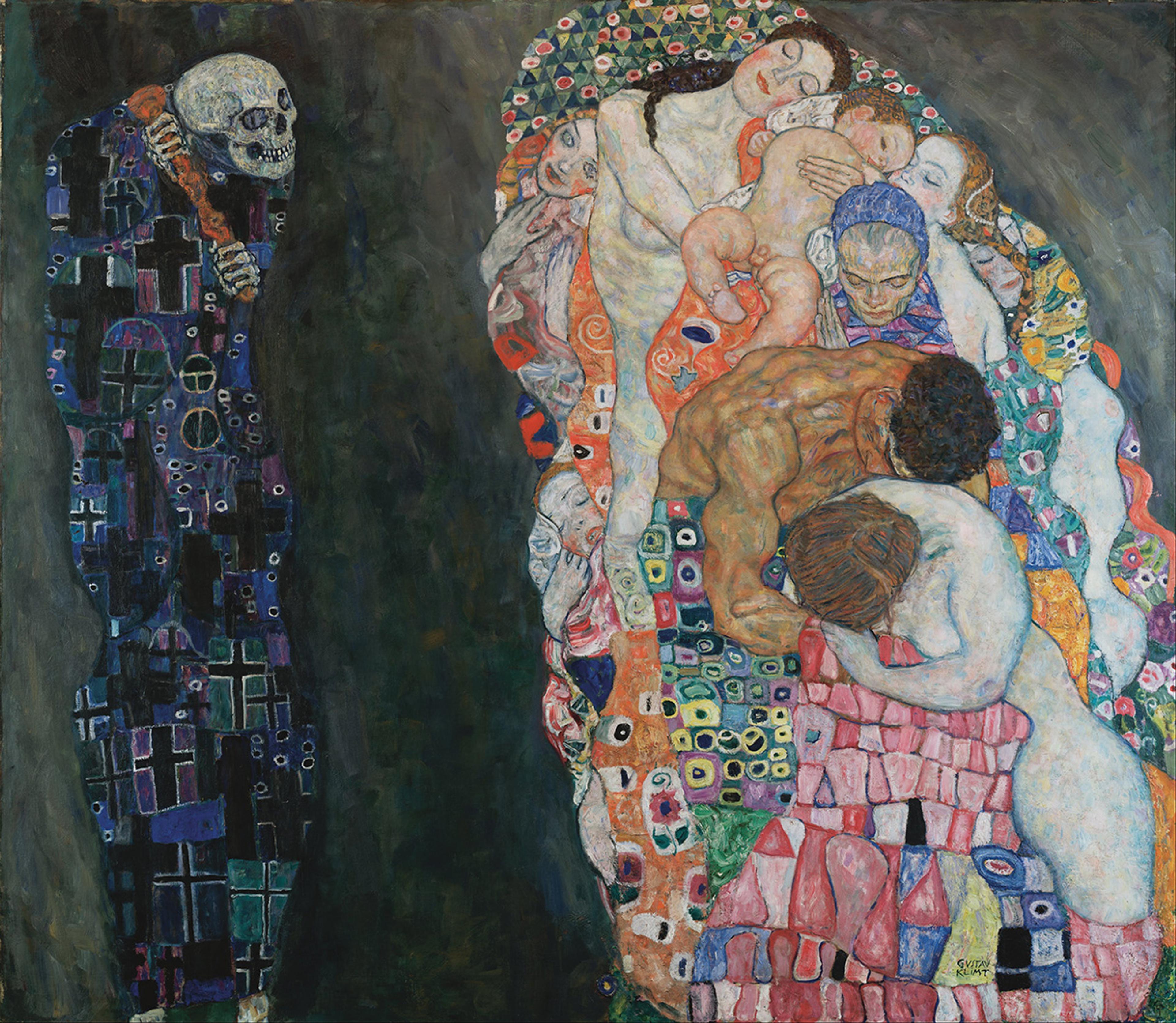 Decorative painting featuring a skeletal grim reaper on the left, and a vibrant, intertwined mass of human figures on the right.