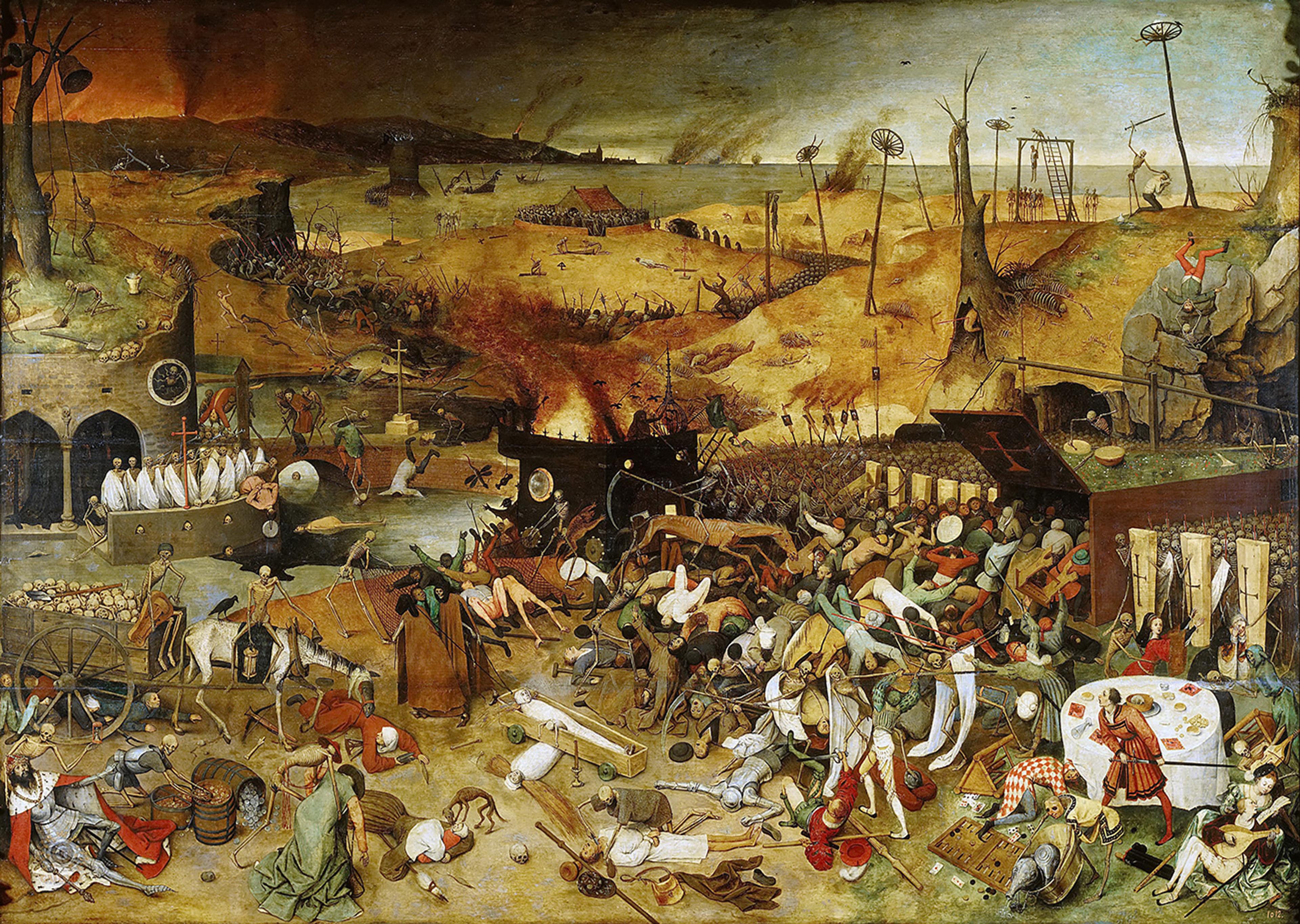 Painting of a panoramic scene in which an army of skeletons wreak havoc on a town in a desolate landscape.