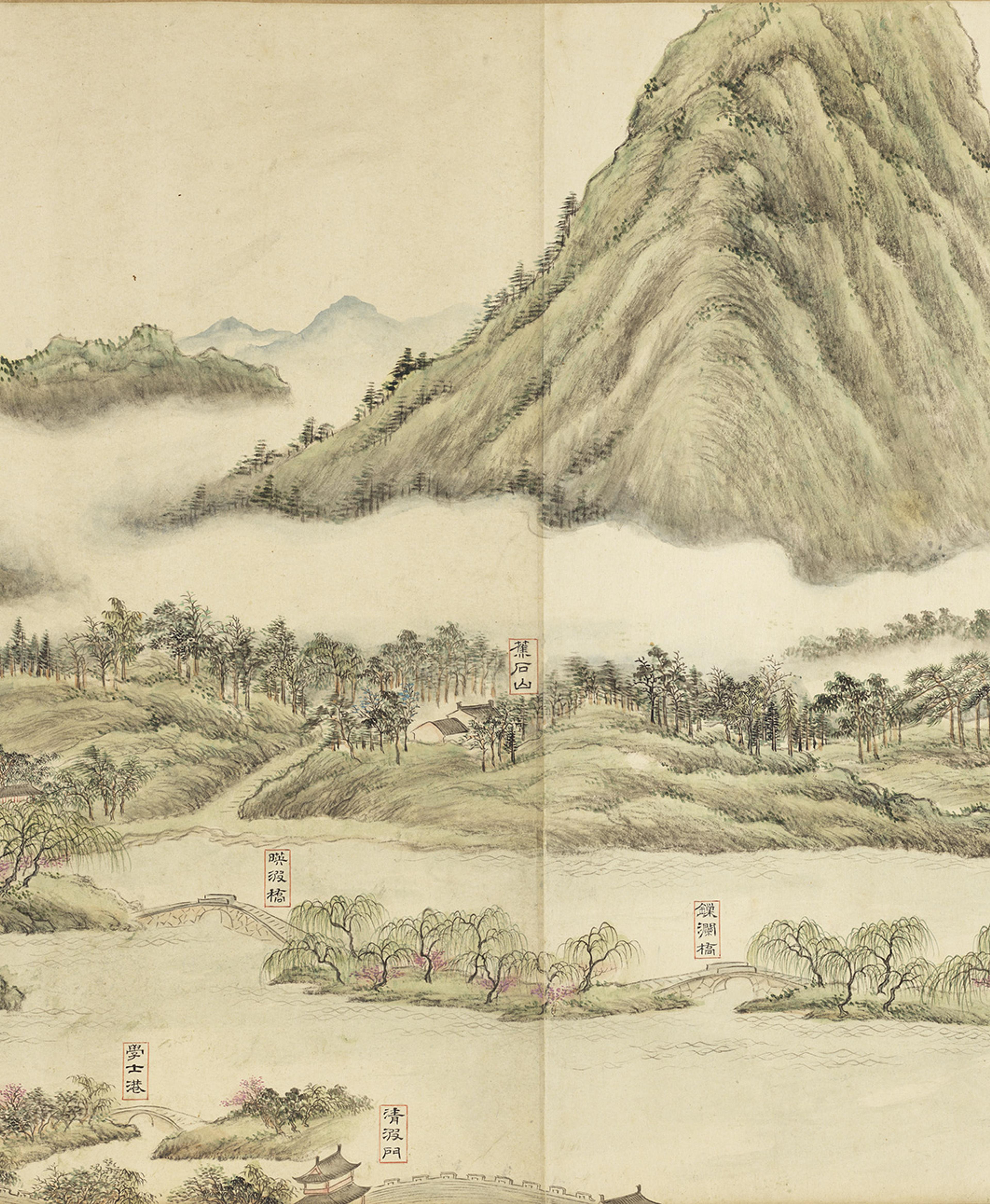 一幅描绘雾中山水的传统画作，以细腻的笔墨绘就山林、桥梁与屋宇