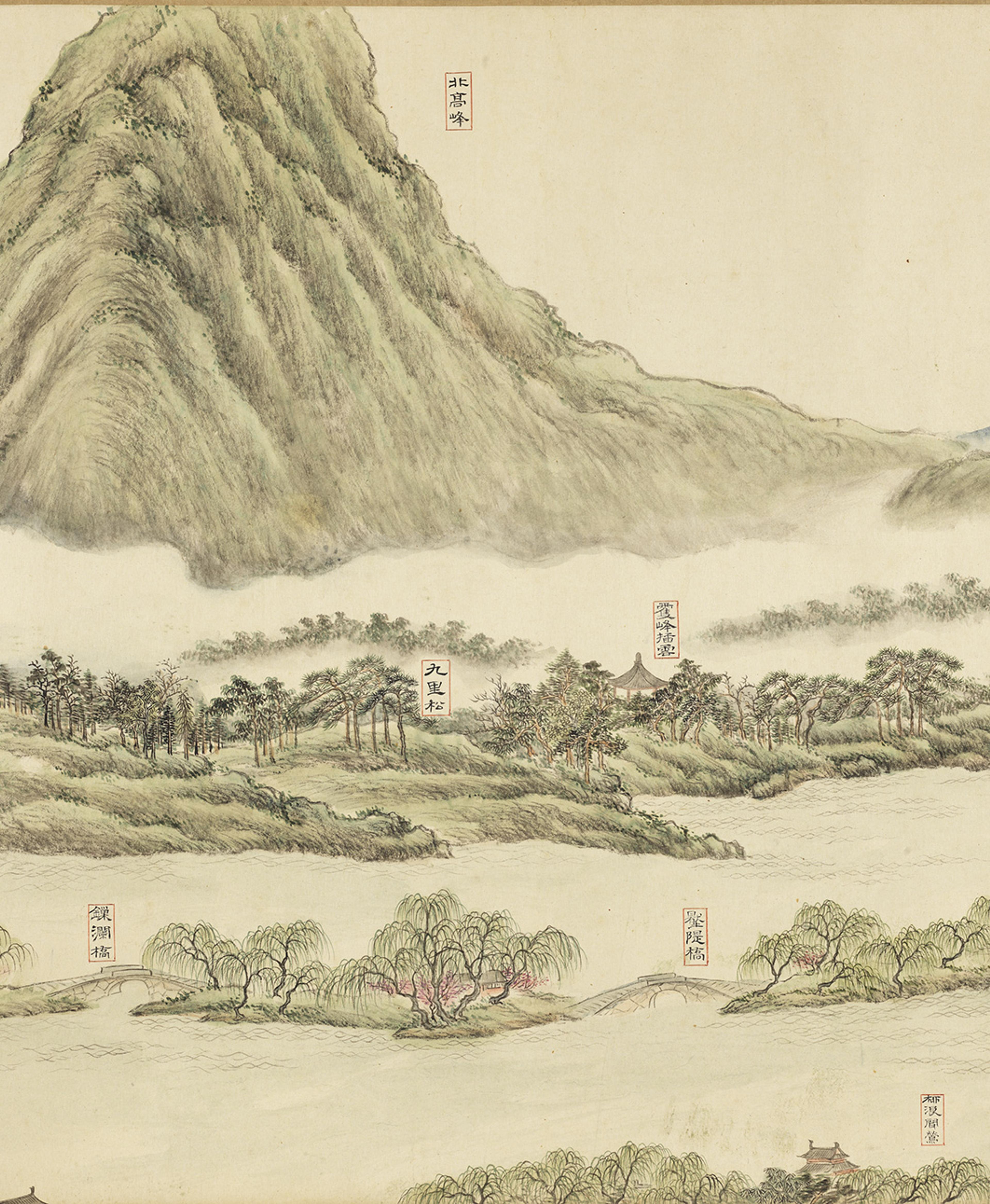 一幅描绘静谧山水的中国传统画作，画中有山峦、树木与河流