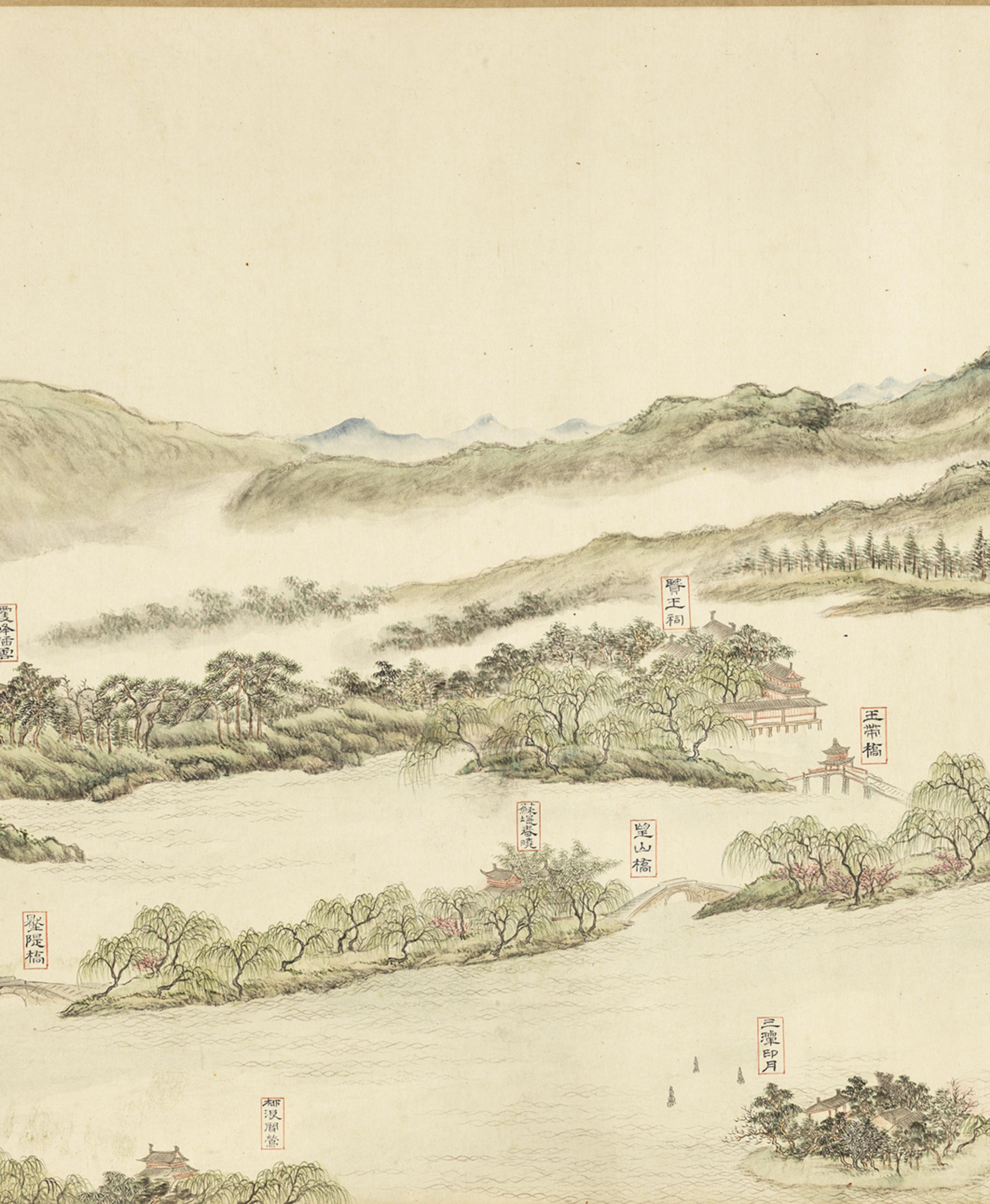 一幅带标注的水墨山水图，画中有山峦、树木、河畔传统建筑