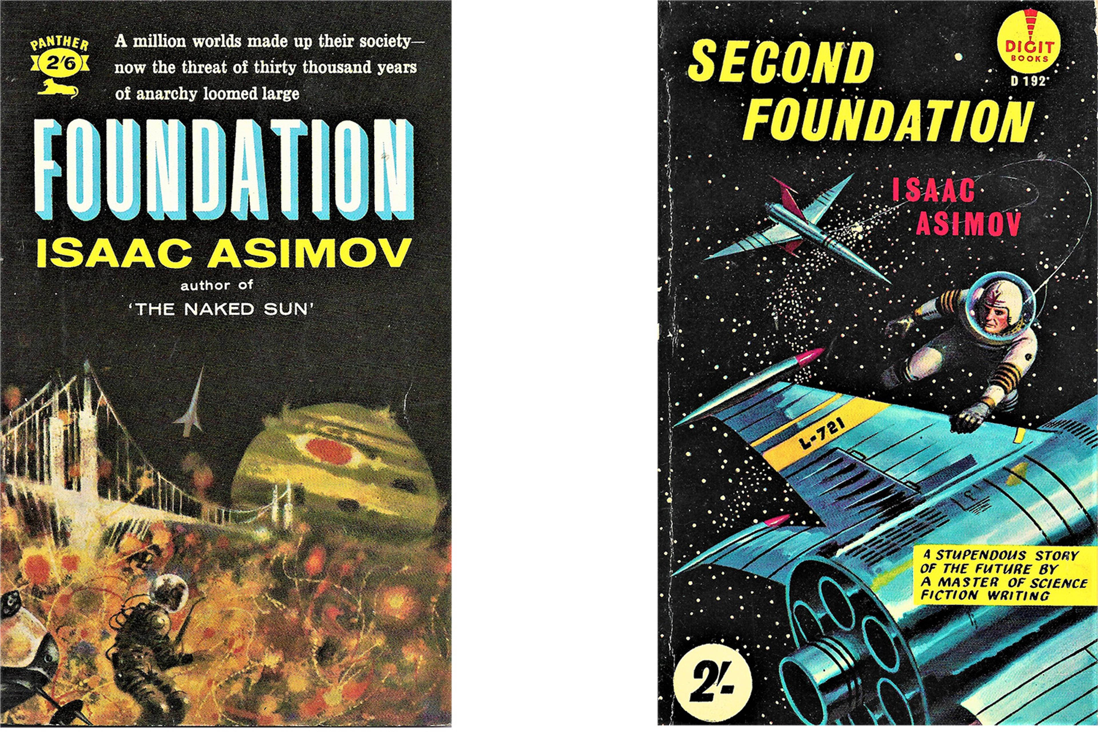 Book covers: Isaac Asimov's "Foundation" with planets and "Second Foundation" with a spaceman and spaceship, both vintage design.