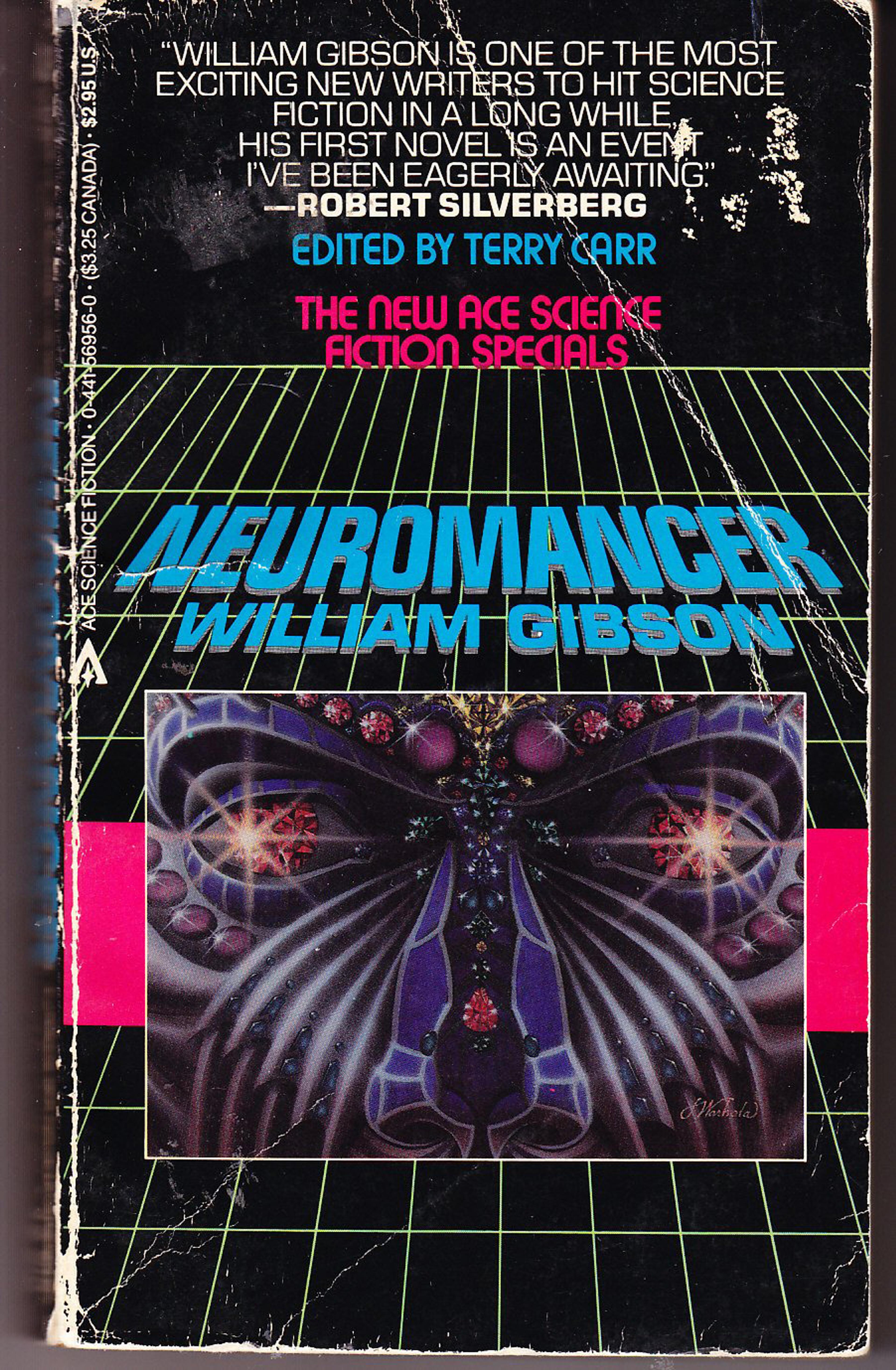 Cover of the book "Neuromancer" by William Gibson featuring geometric design and sci-fi elements on a black background.