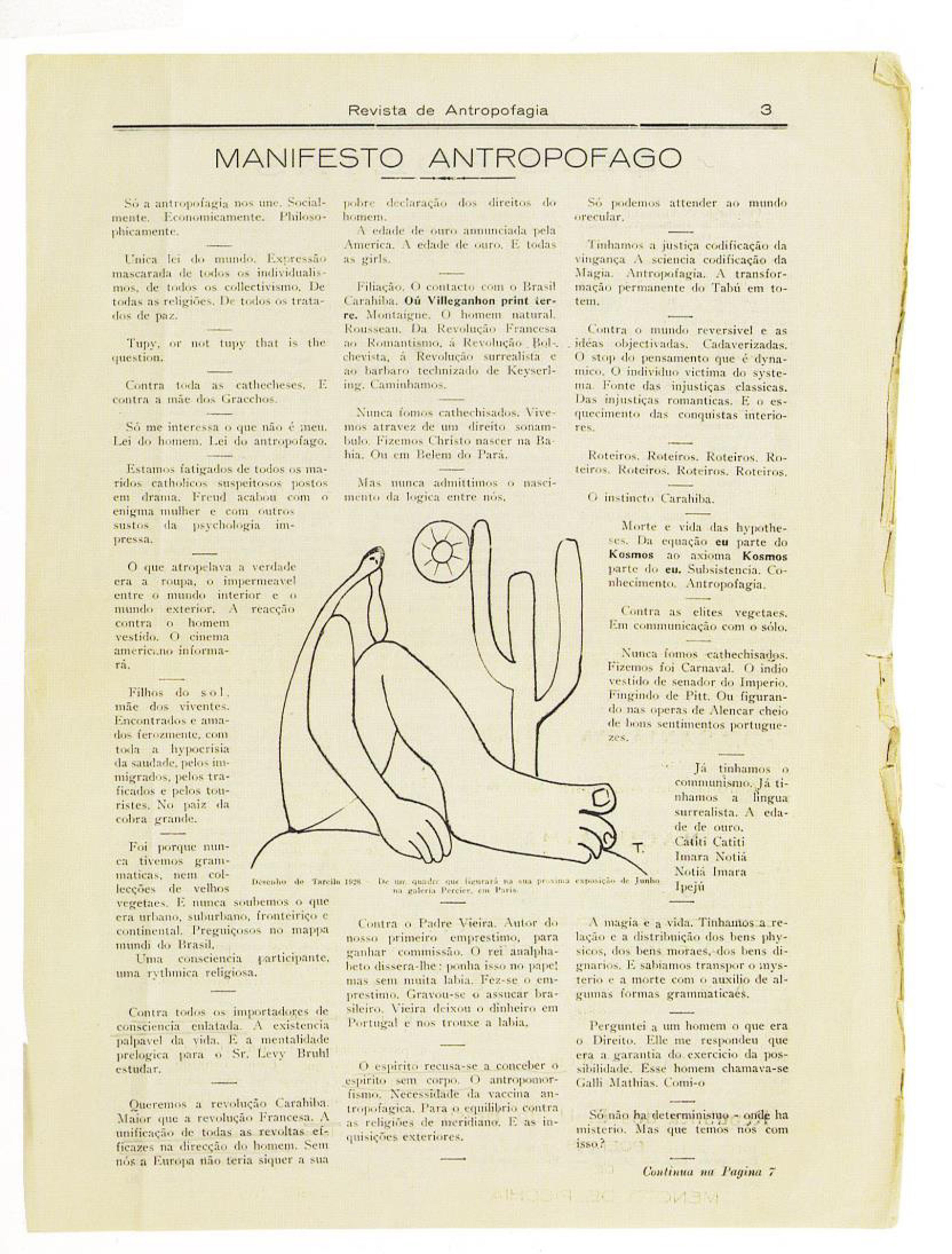 Black and white magazine page with text in Portuguese featuring a line drawing of a seated figure with a cactus and sun.