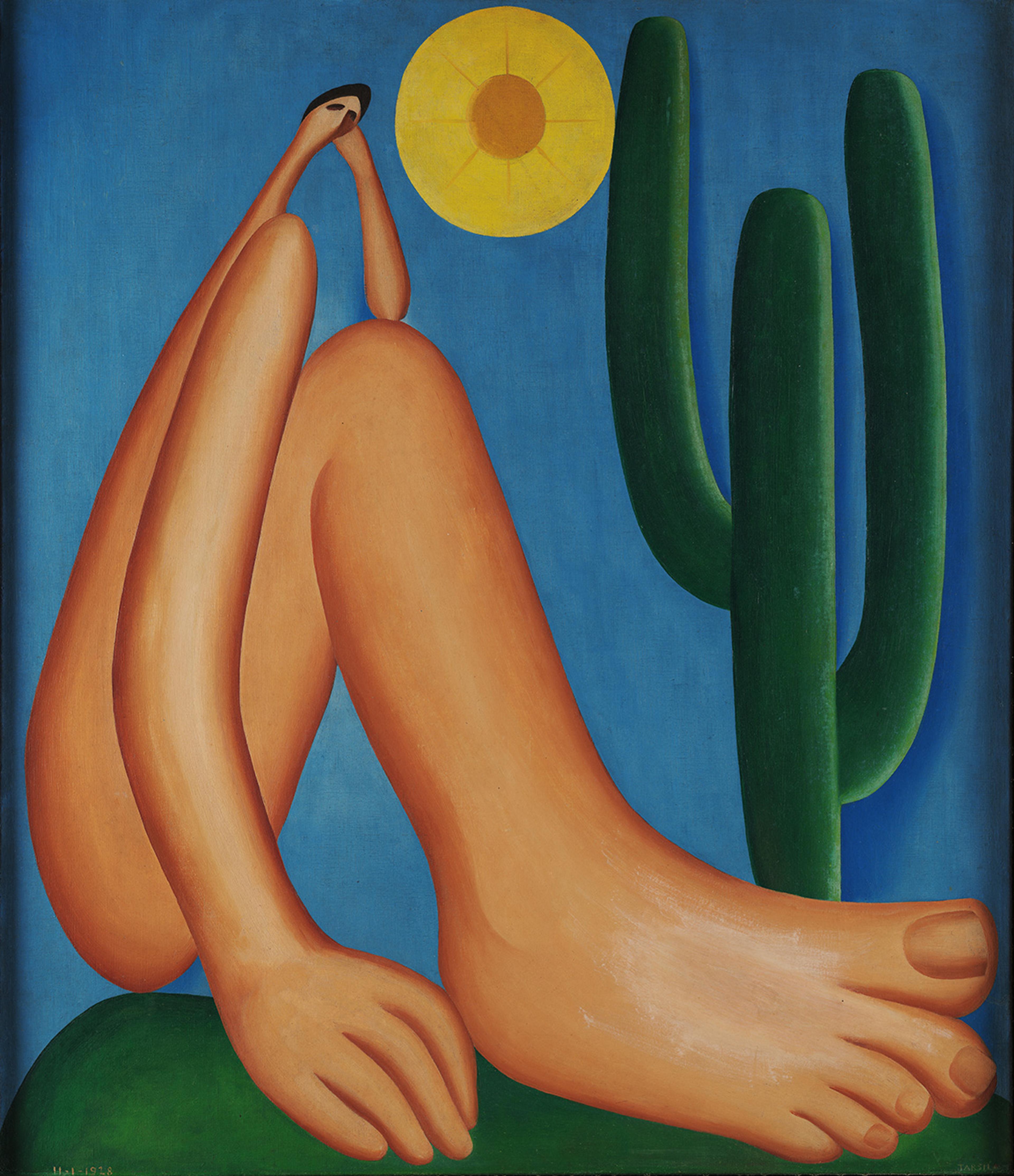 Abstract painting depicts elongated seated figure under yellow sun beside a green cactus against a blue sky.