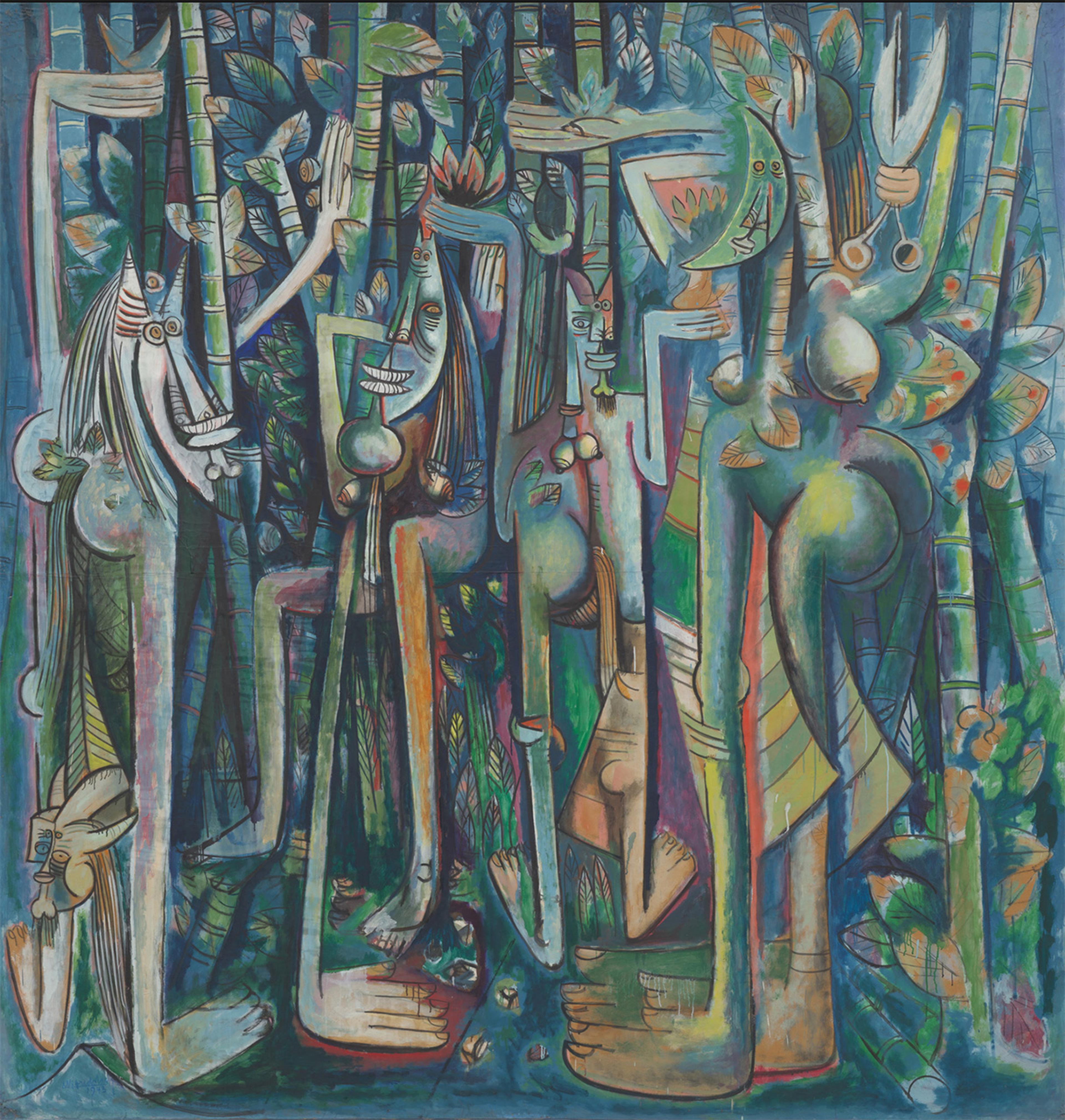 Abstract painting of stylised figures and foliage in vibrant colours appearing intertwined with plant life.