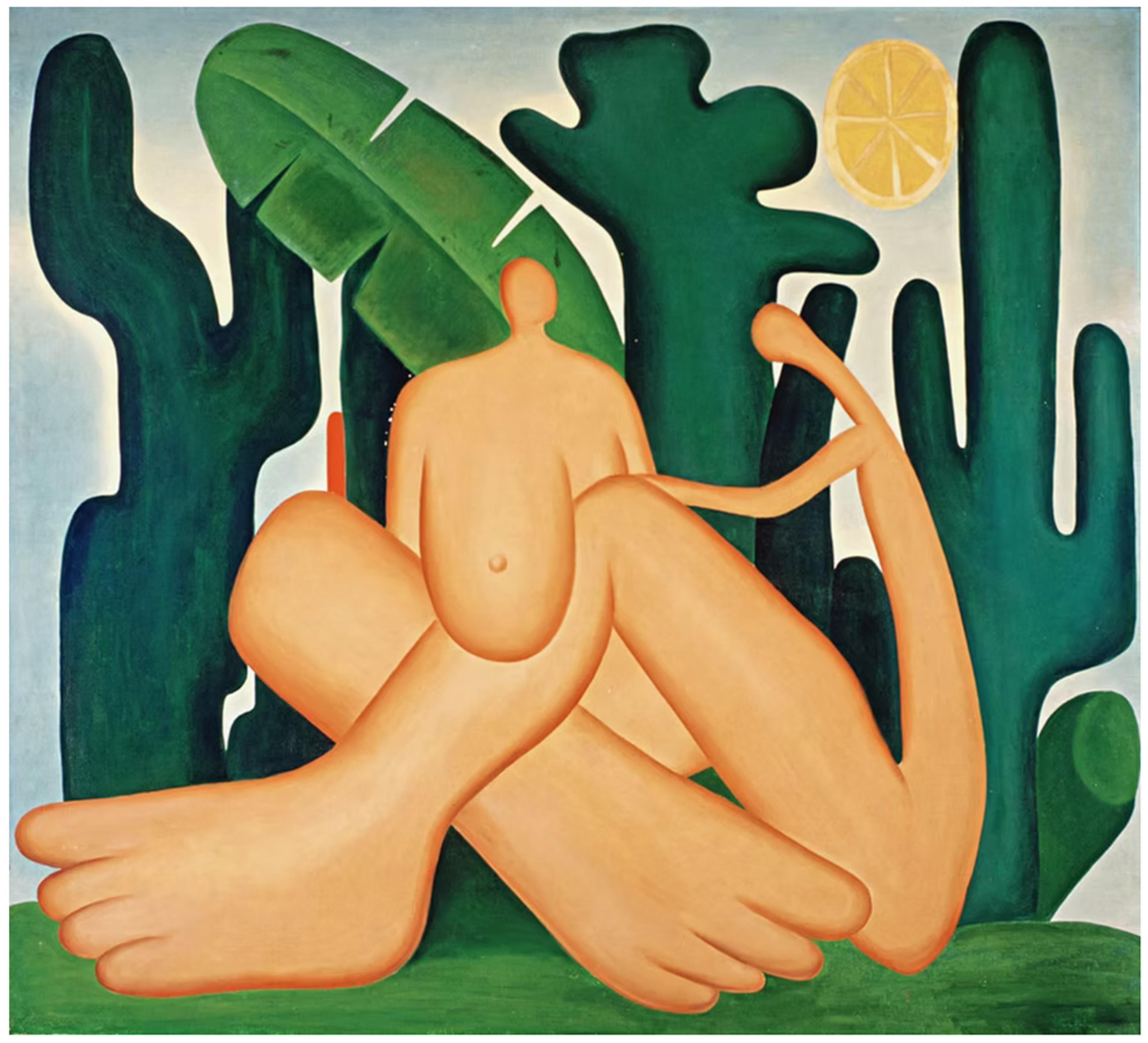 Abstract painting of two nude human figures with green plants, a yellow orb, and a blue sky.