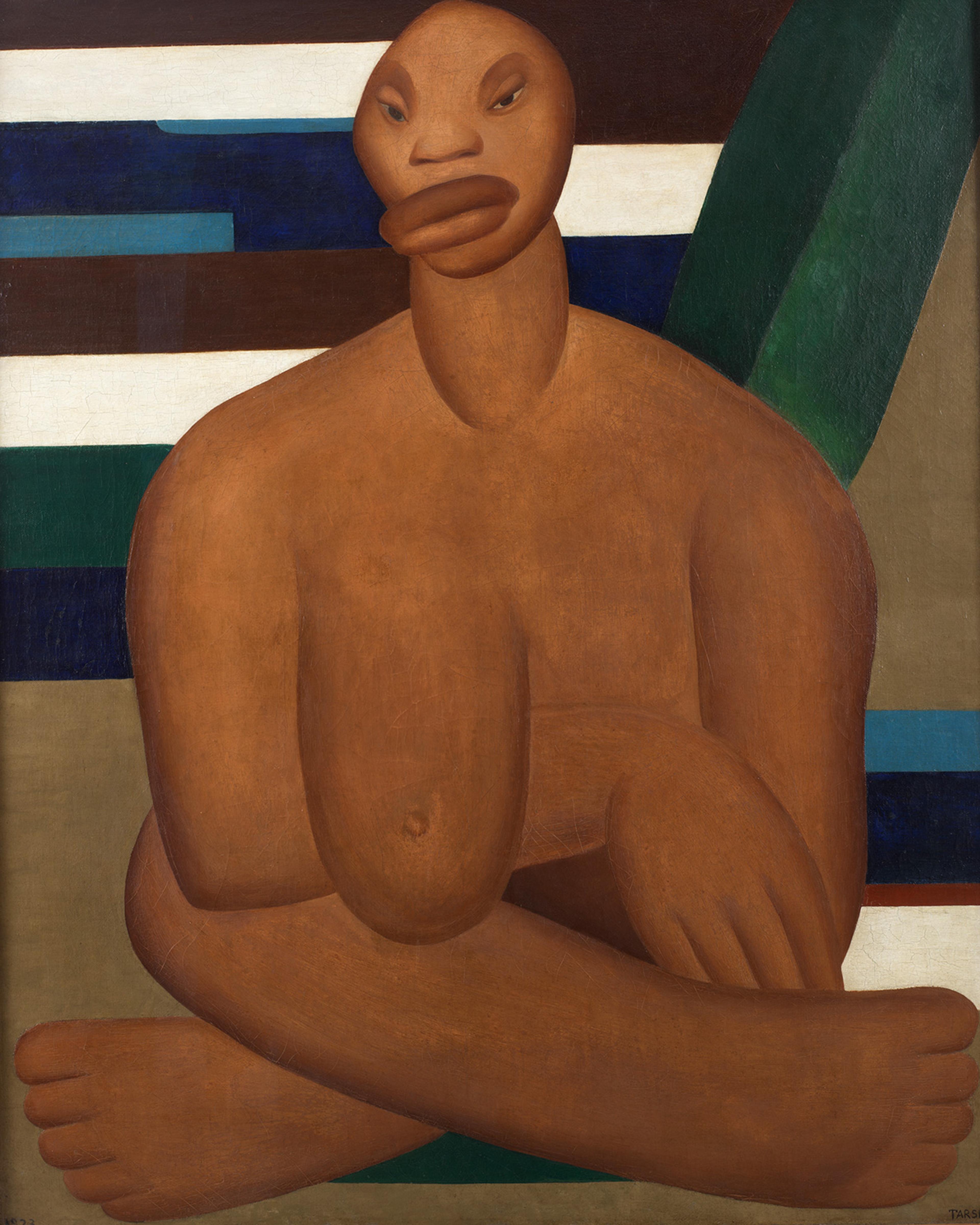 Abstract painting of a nude seated woman with exaggerated features, geometric background in earthy tones and greens.
