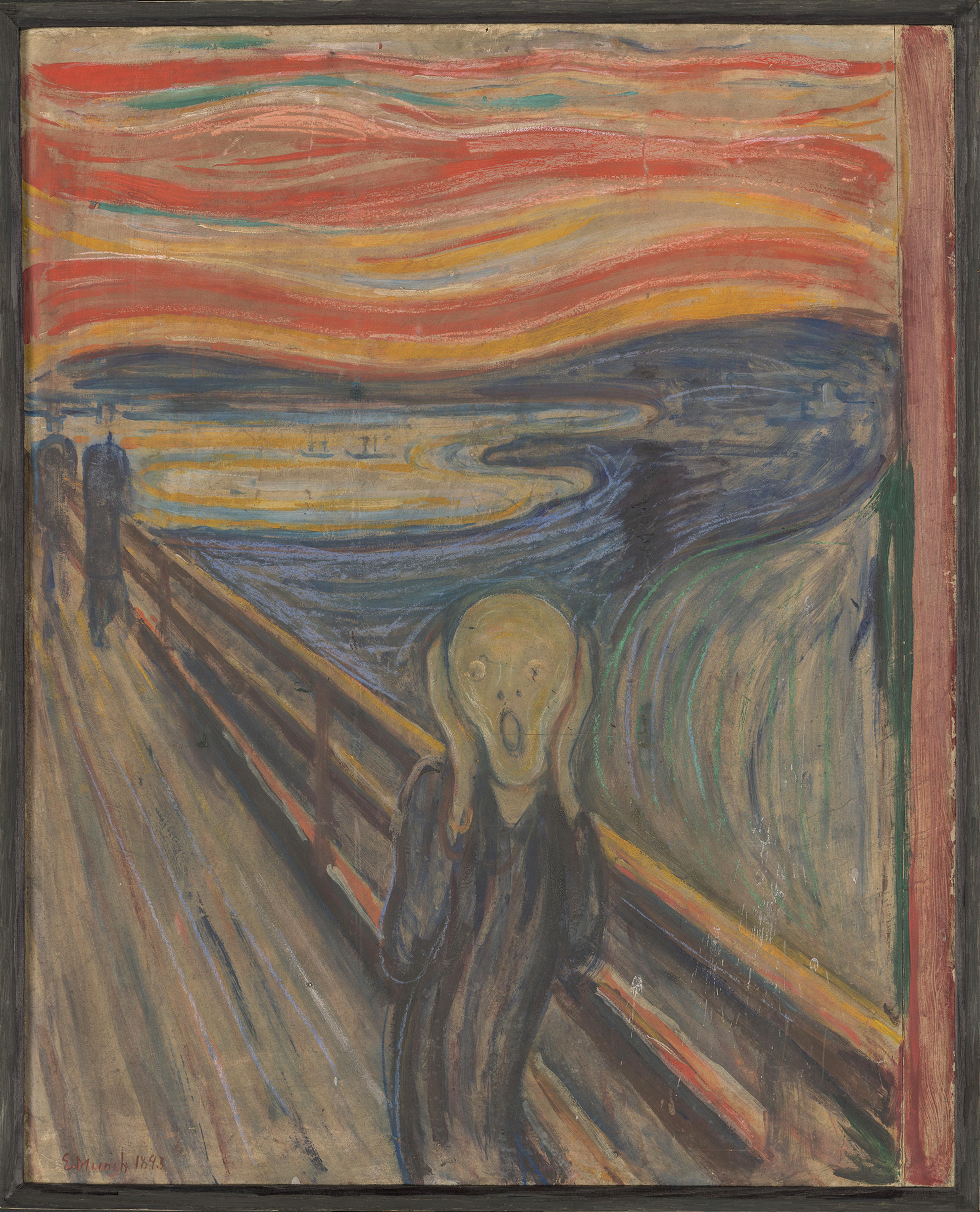 A painting of a figure on a bridge with a swirling sky, hands on face conveying angst. Known as “The Scream” by Edvard Munch.