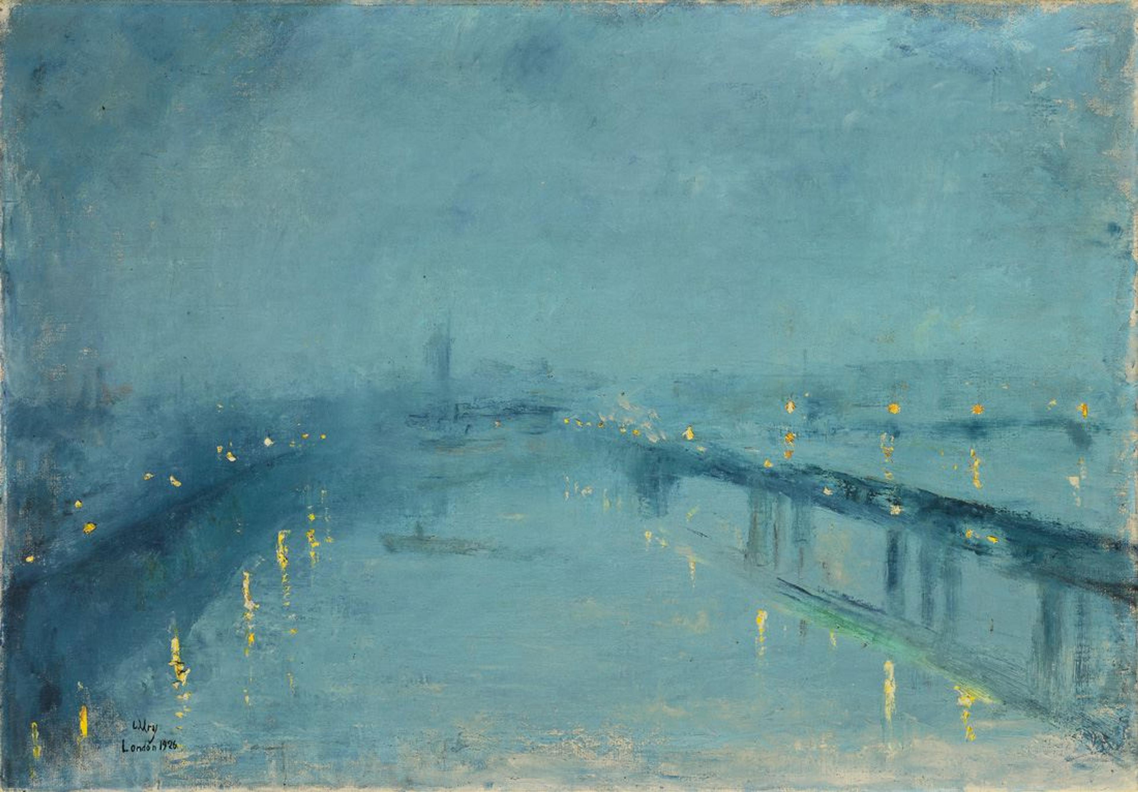 Impressionist painting of misty bridges over water with faint lights reflecting, primarily in shades of blue.