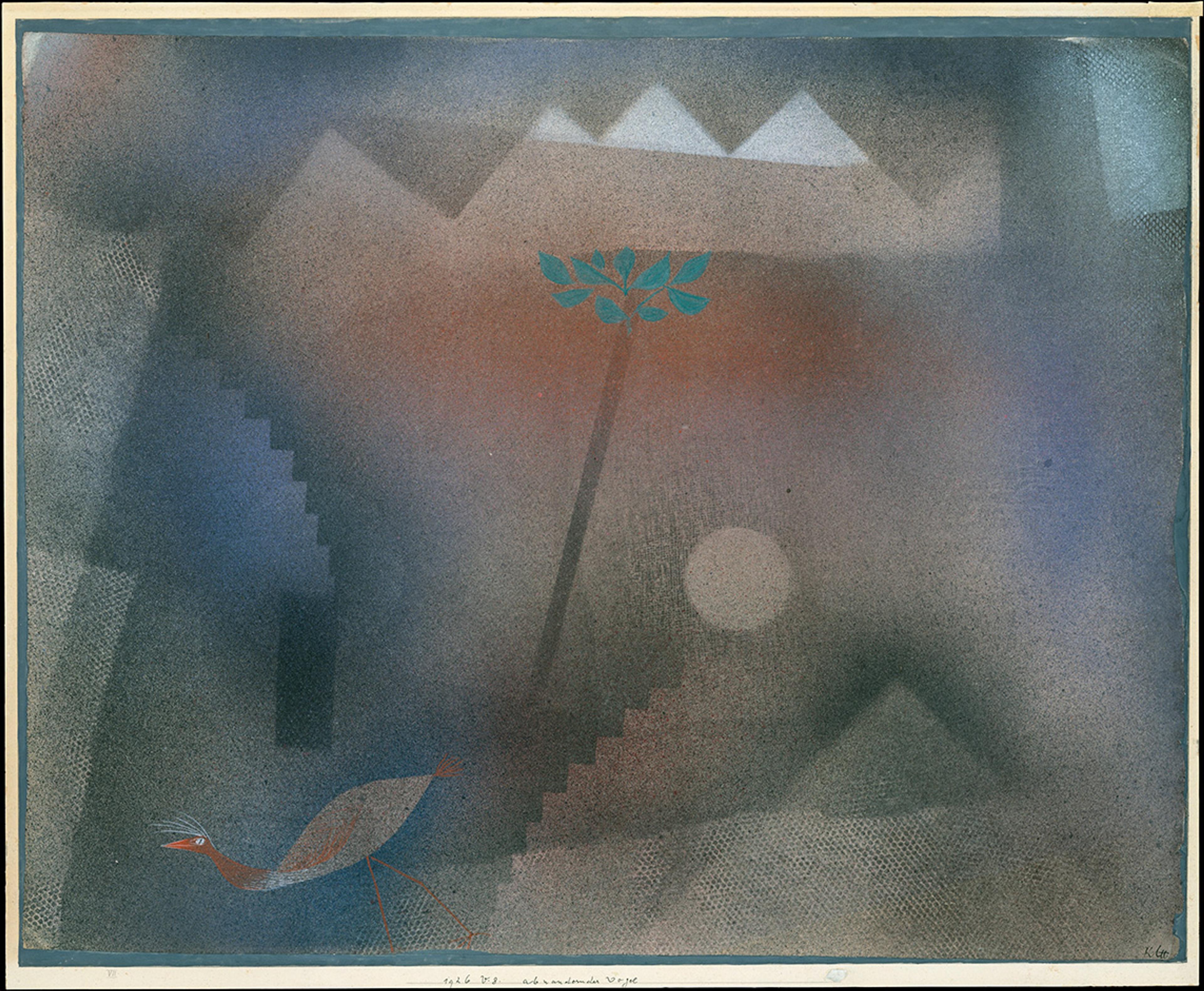 Abstract painting with a bird, tree and geometric shapes in muted tones. Features a gradient background and textured elements.