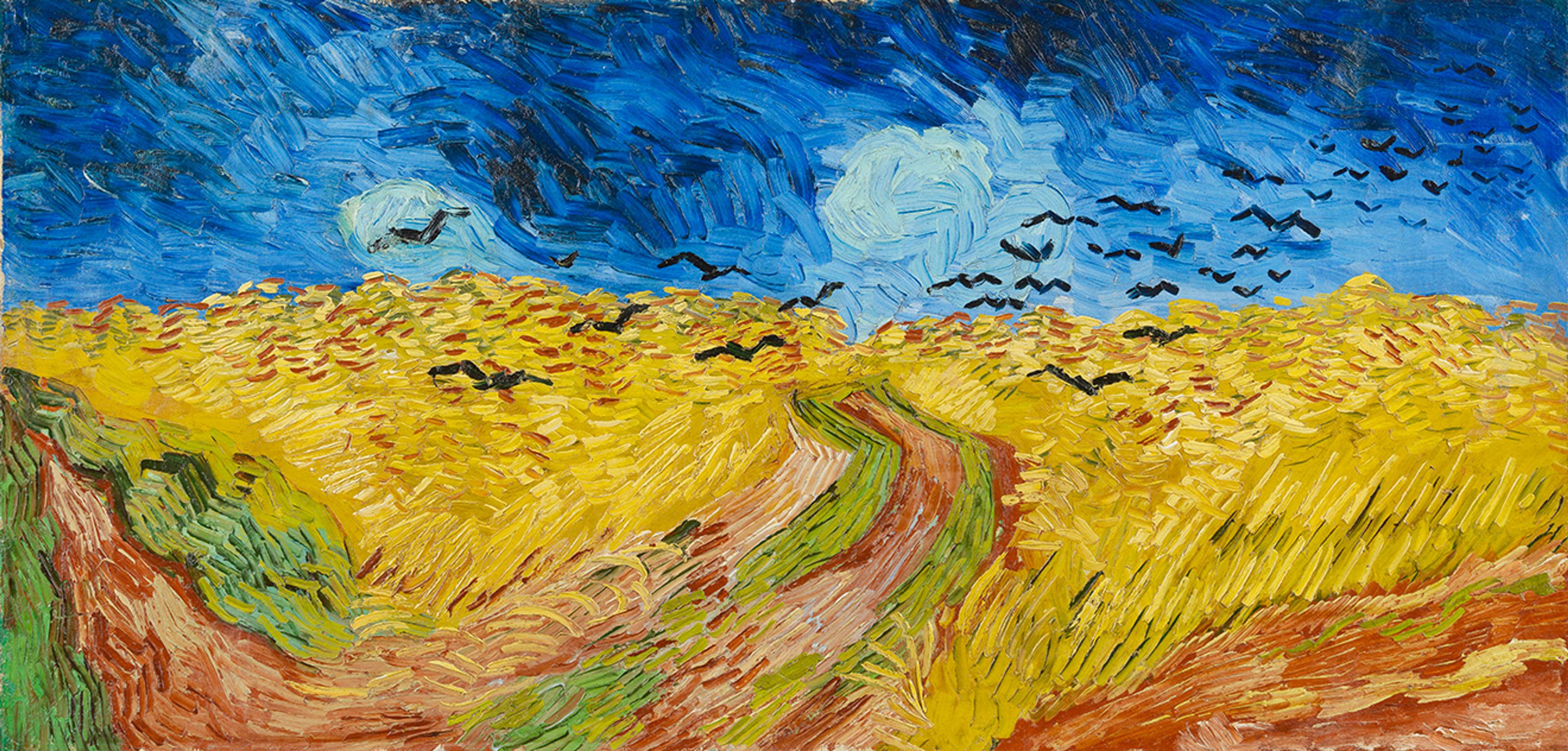 Painting of a vibrant wheat field under a turbulent blue sky with flying black birds. Bold brushstrokes create dynamic movement.