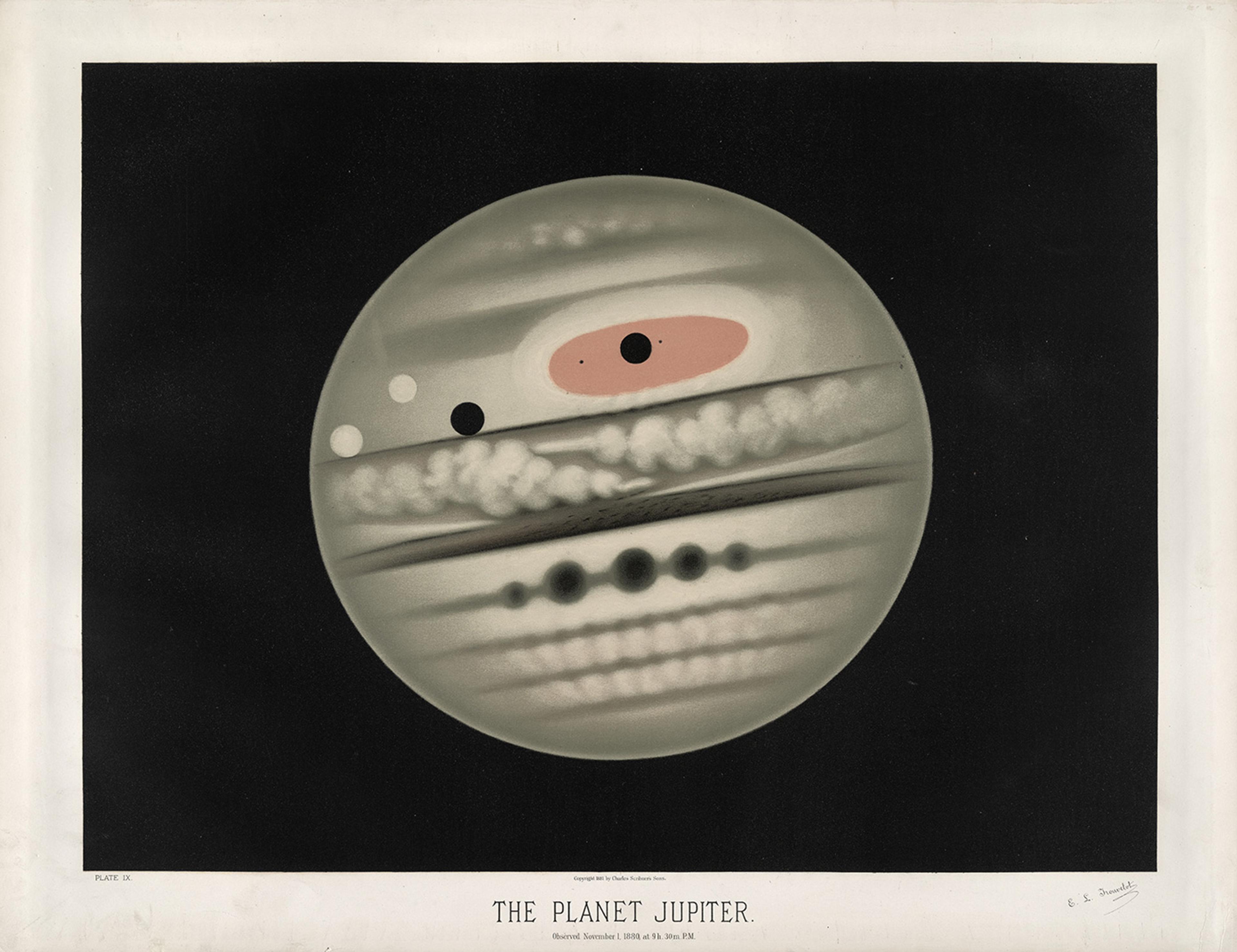 Illustration of Jupiter with its Great Red Spot and cloud bands against a black background.
