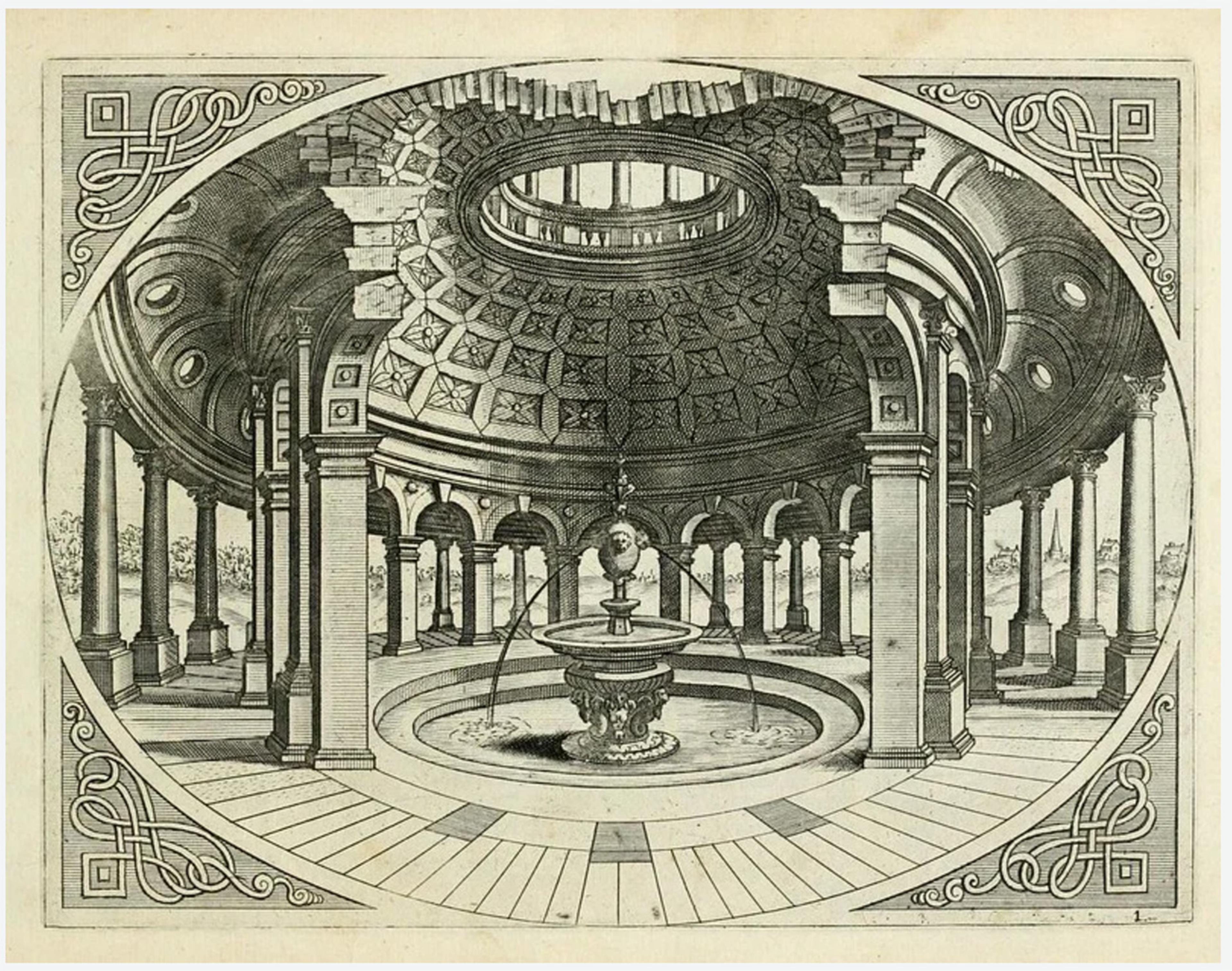 Engraving of an interior with a domed ceiling, columns and a central fountain, featuring intricate architectural details.