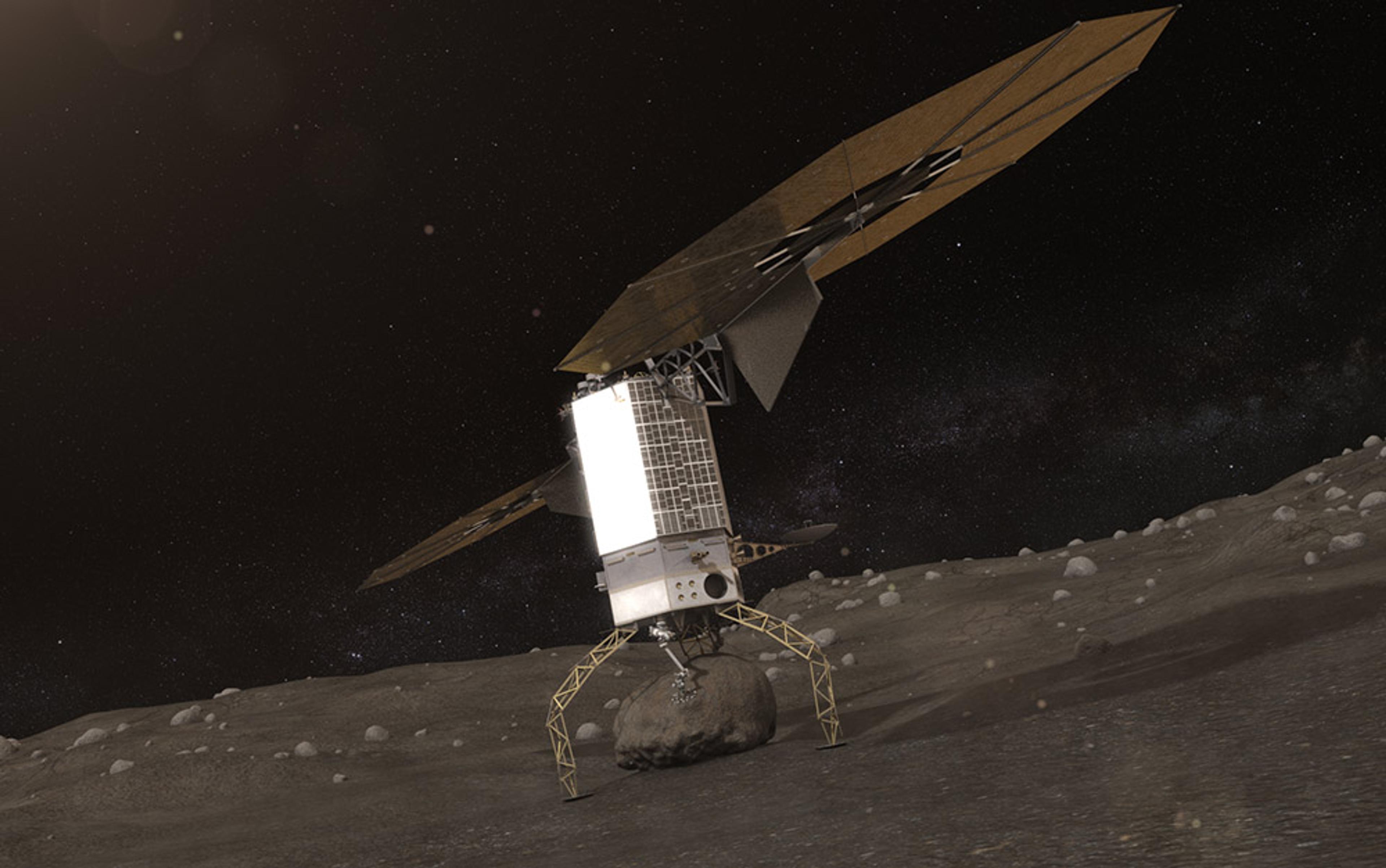 A digital illustration of a spacecraft with extended solar panels standing on a rocky celestial body in space.