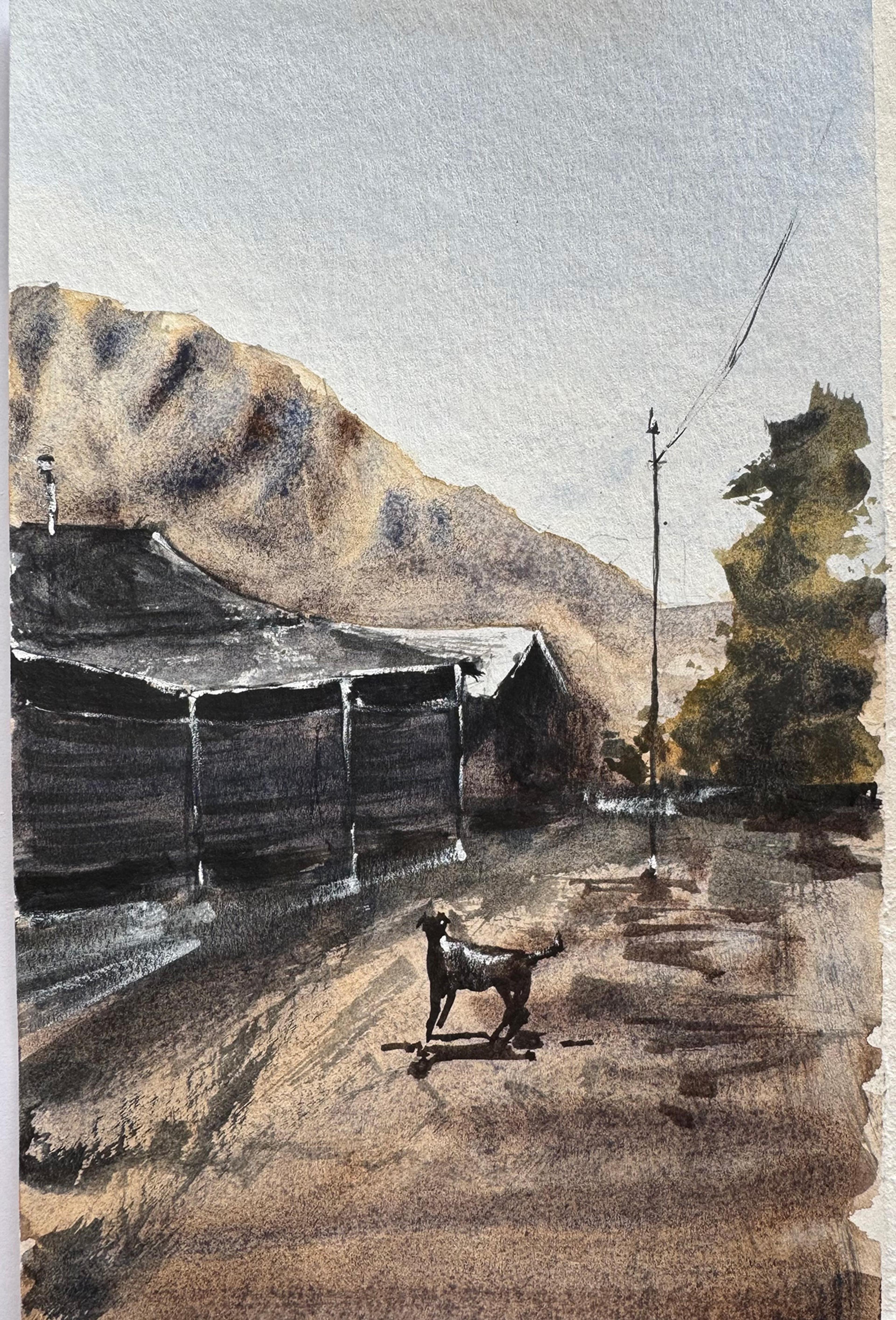 Watercolour painting of a rural scene with a dog, houses, mountain and telegraph pole under a clear sky.