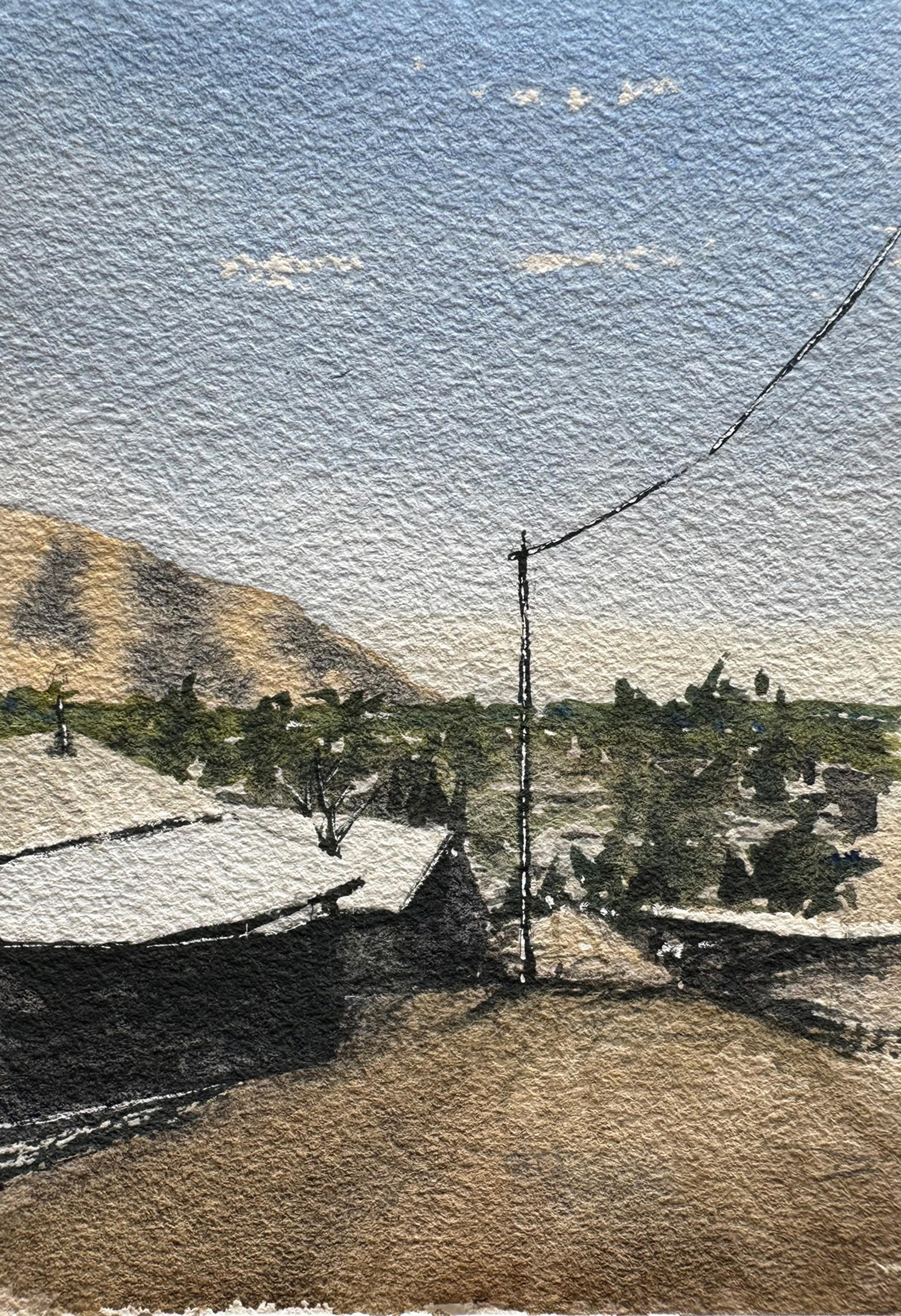 Watercolour painting of rooftops under a clear sky with a hill and trees in the distance. A power line cuts across the scene.