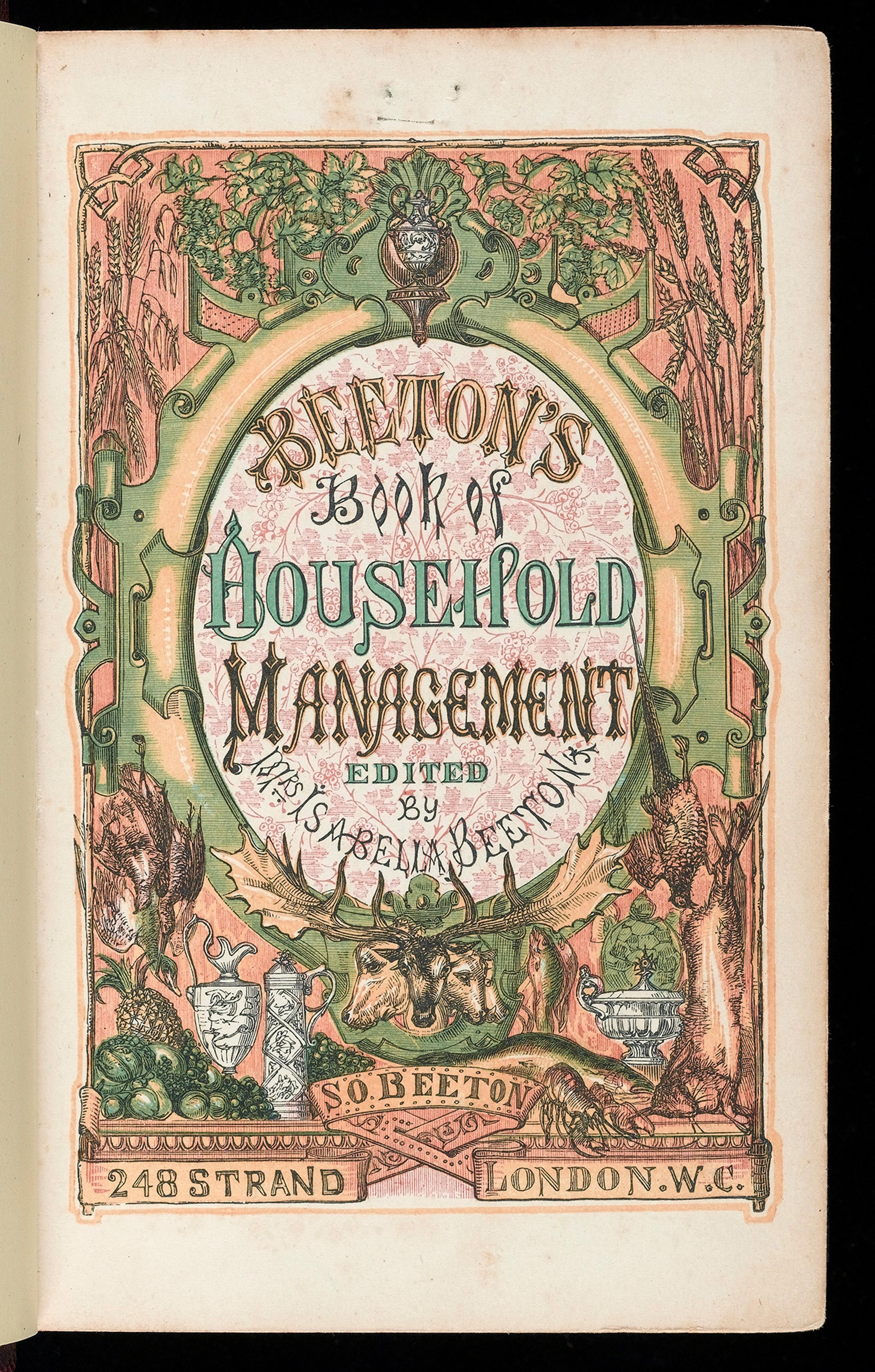 Illustrated cover of Mrs Beeton’s Book of Household Management with ornate design featuring flowers, animals and kitchen items.