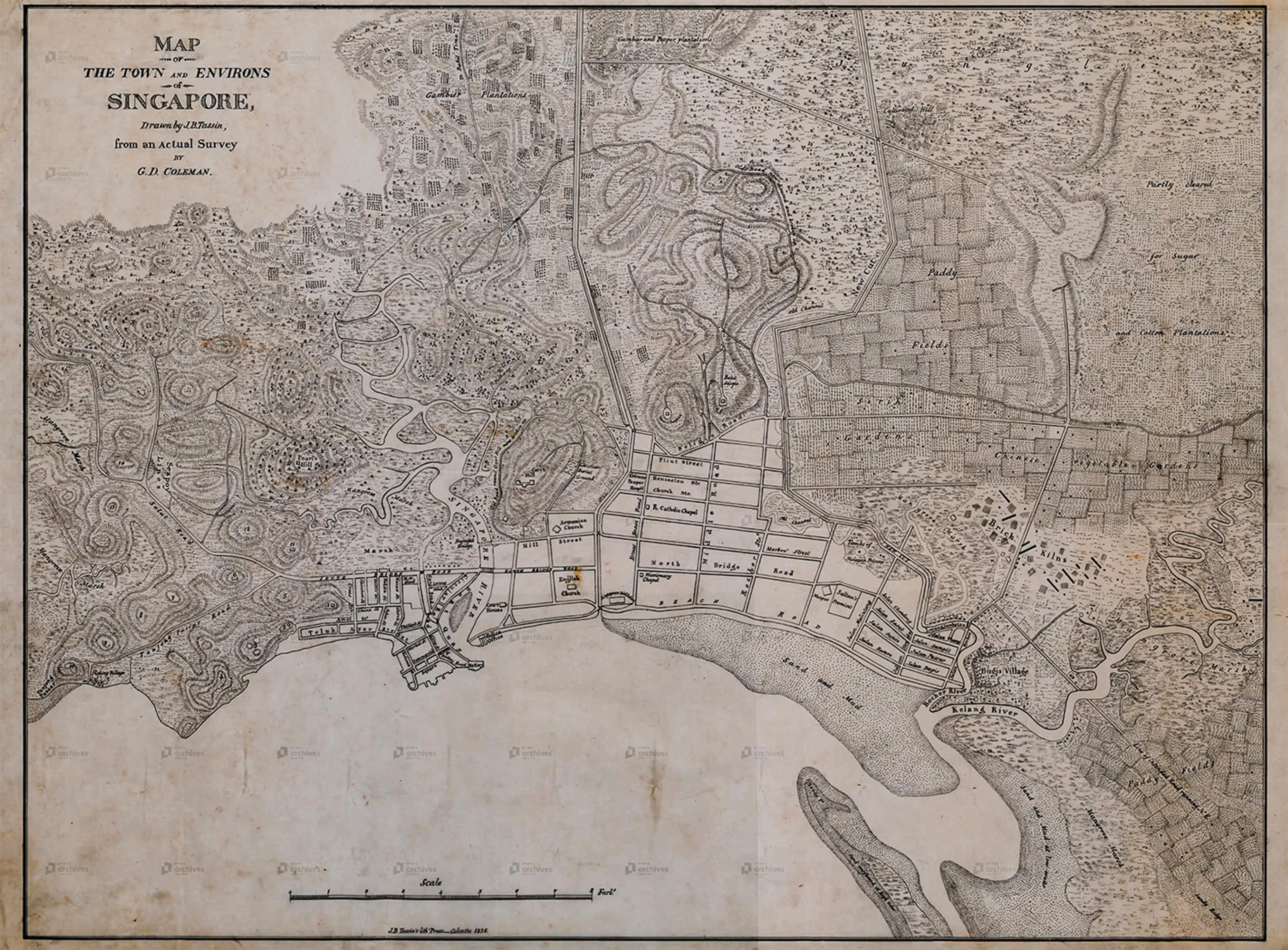 Antique map of Singapore and environs, 1836, showing detailed land plots, topography and waterways.