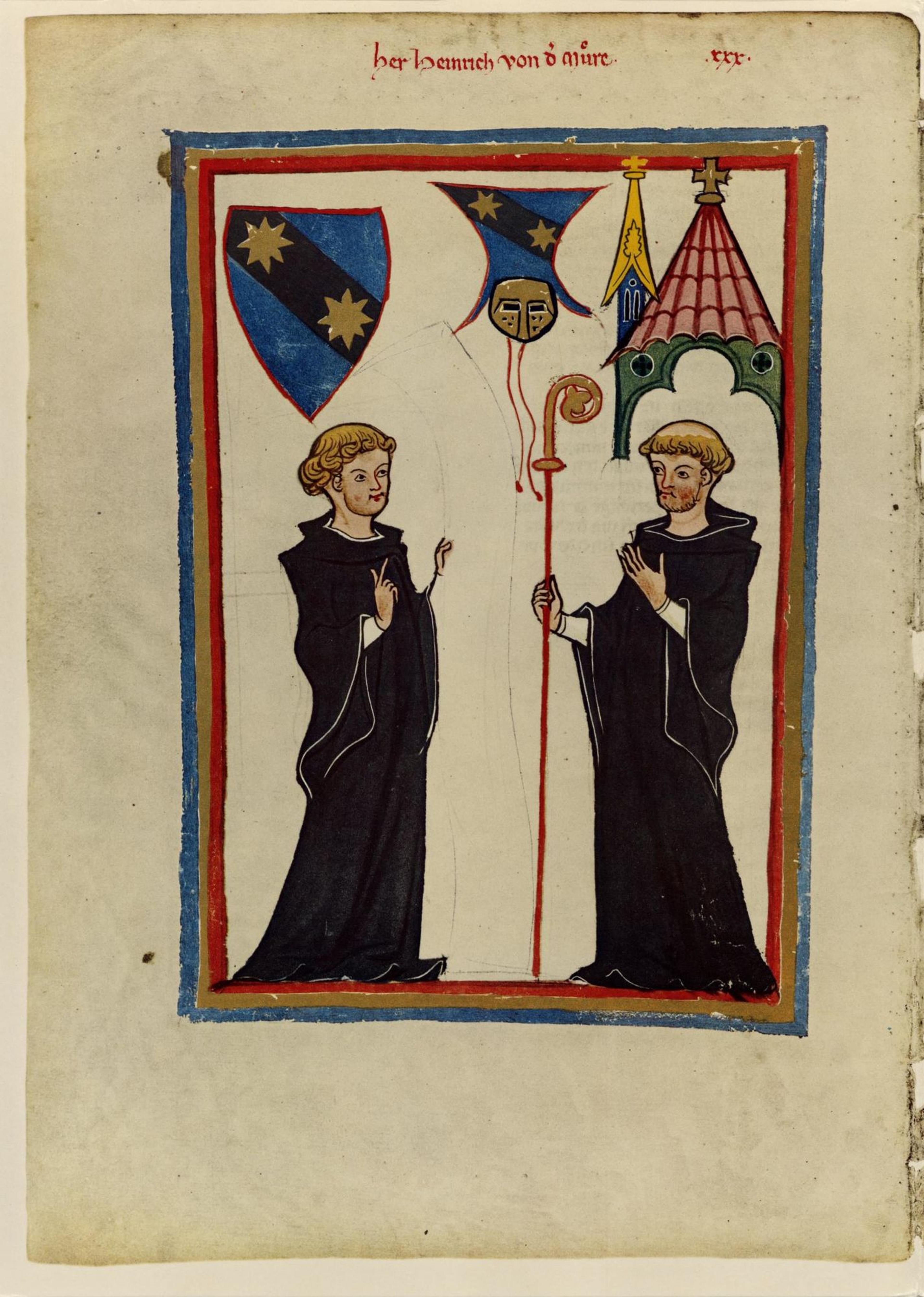 Medieval illustration of two monks in black robes, one holding a staff with heraldic shields above them.
