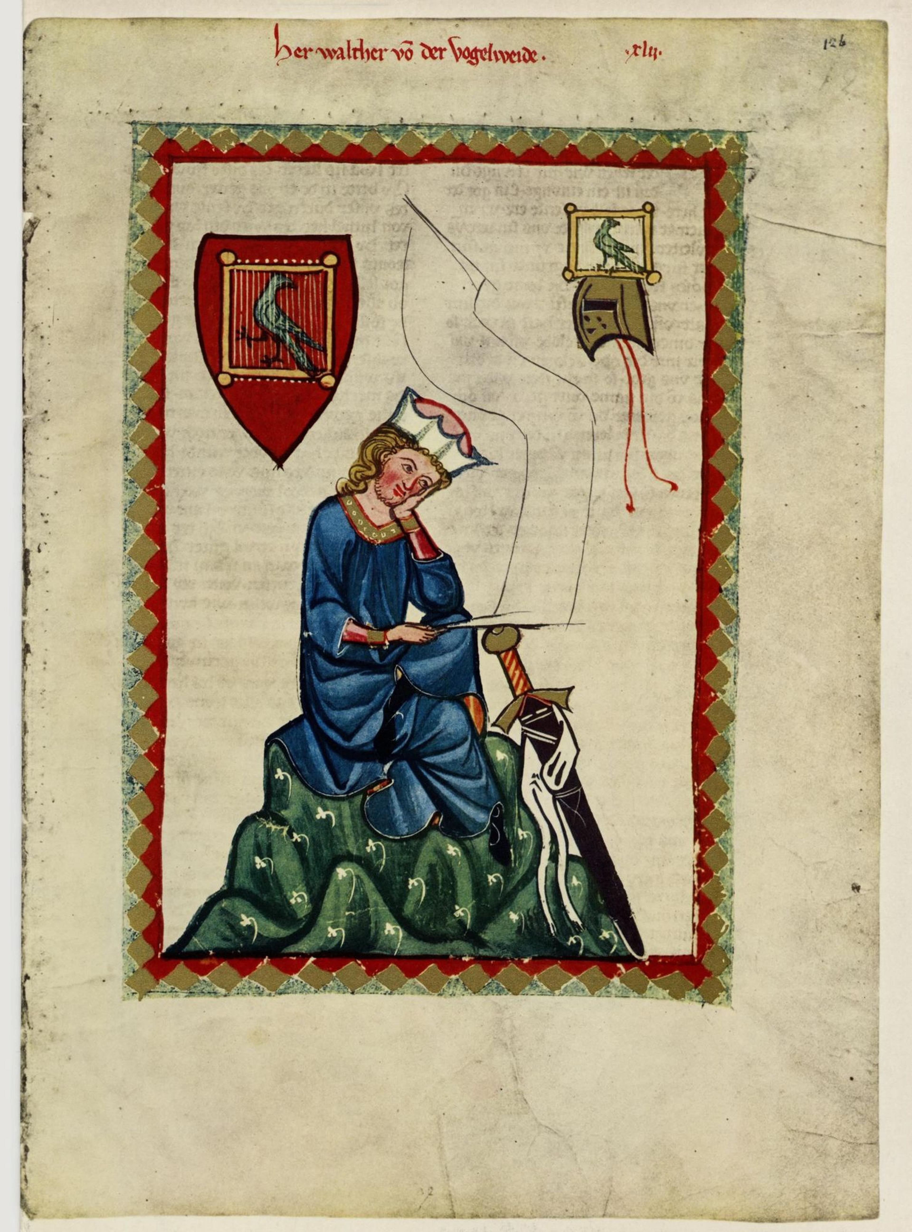 Medieval illustration of a seated man in a crown writing on paper, surrounded by shields with bird motifs.