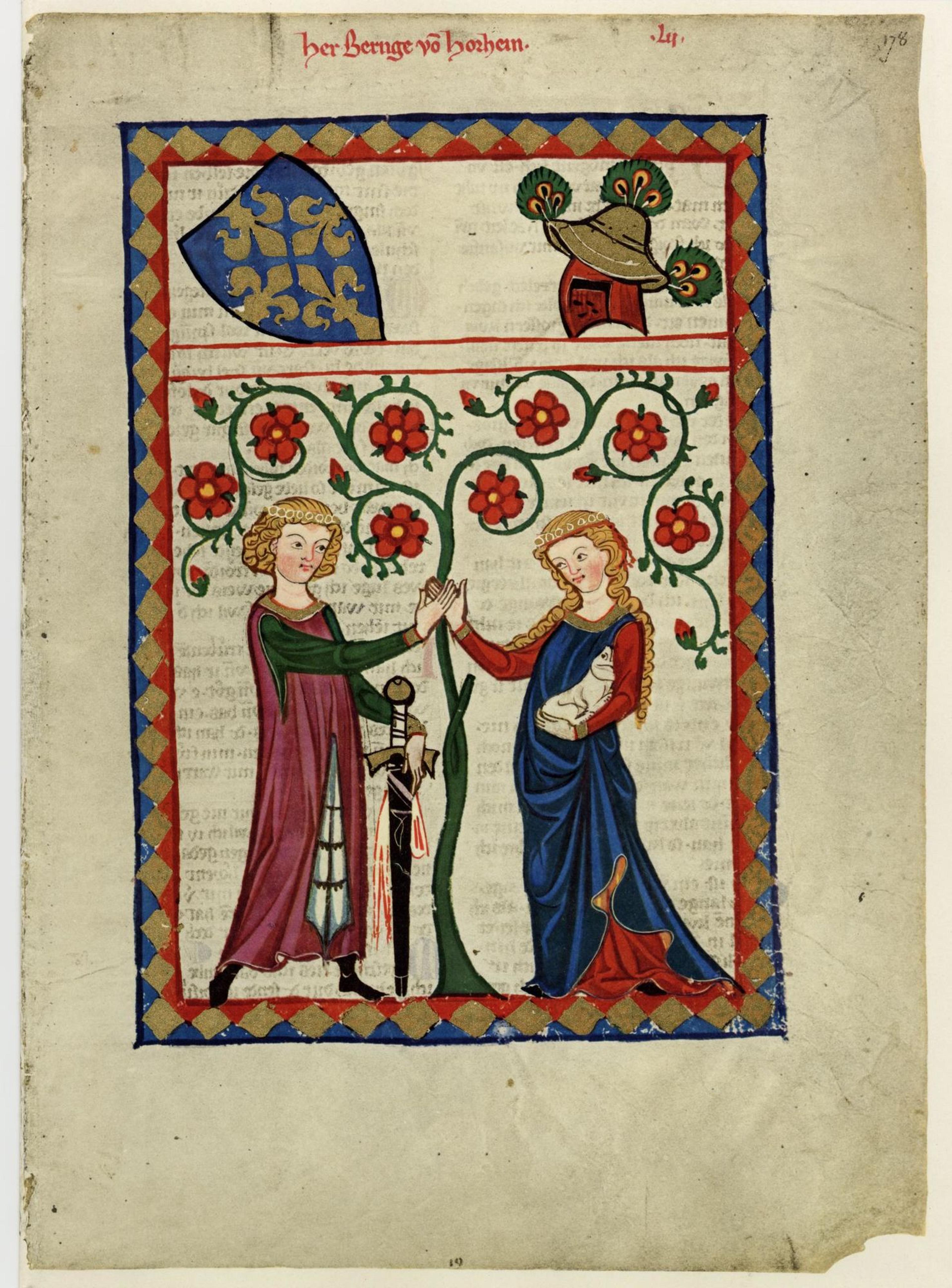 Medieval manuscript illustration of a knight and lady under a flowering tree hand in hand with a sword resting nearby.