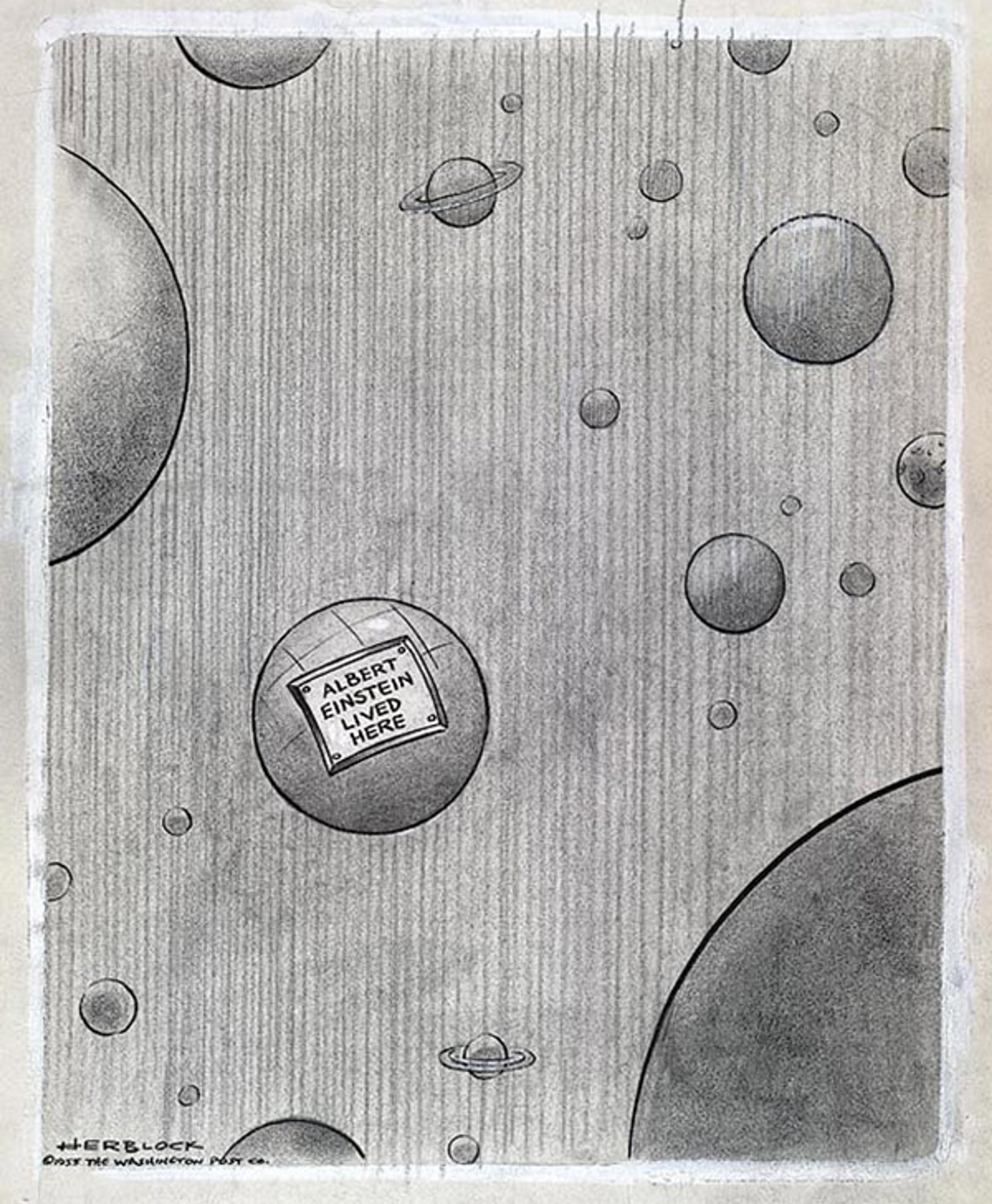 A pencil drawing depicting planets and a sign reading “Albert Einstein lived here” attached to one of the planets.