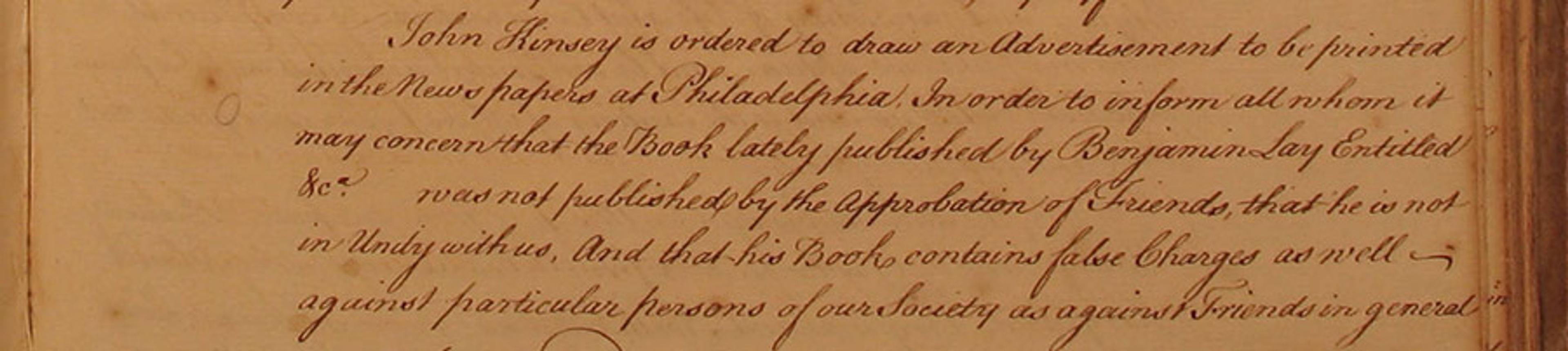 Close-up photo of historical document with handwritten cursive text discussing publication orders and criticisms of a book by Benjamin Lay.