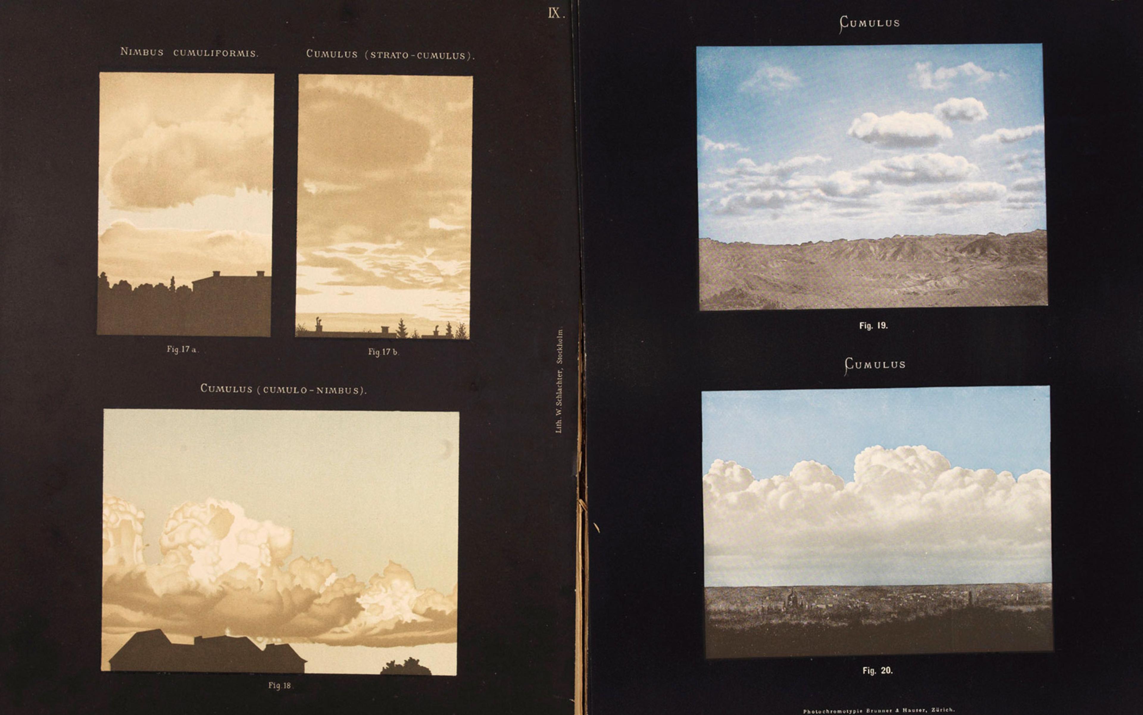 Illustrations of different cloud types, showing Nimbus, Cumulus, and Strato-Cumulus on a black background with figure numbers.