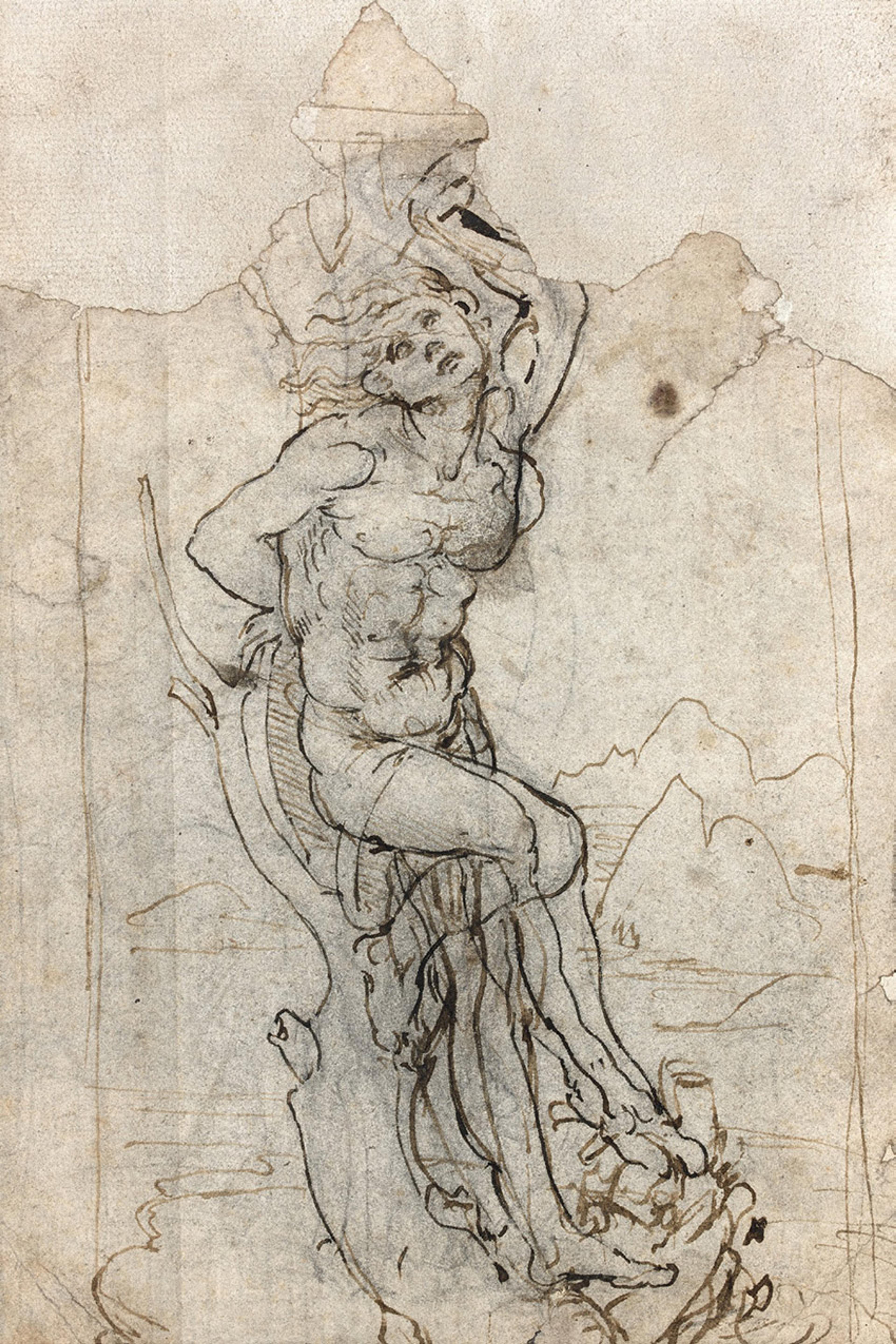 Pen-and-ink drawing of a man tied to a tree in a contorted pose, with a mountainous landscape in the background.