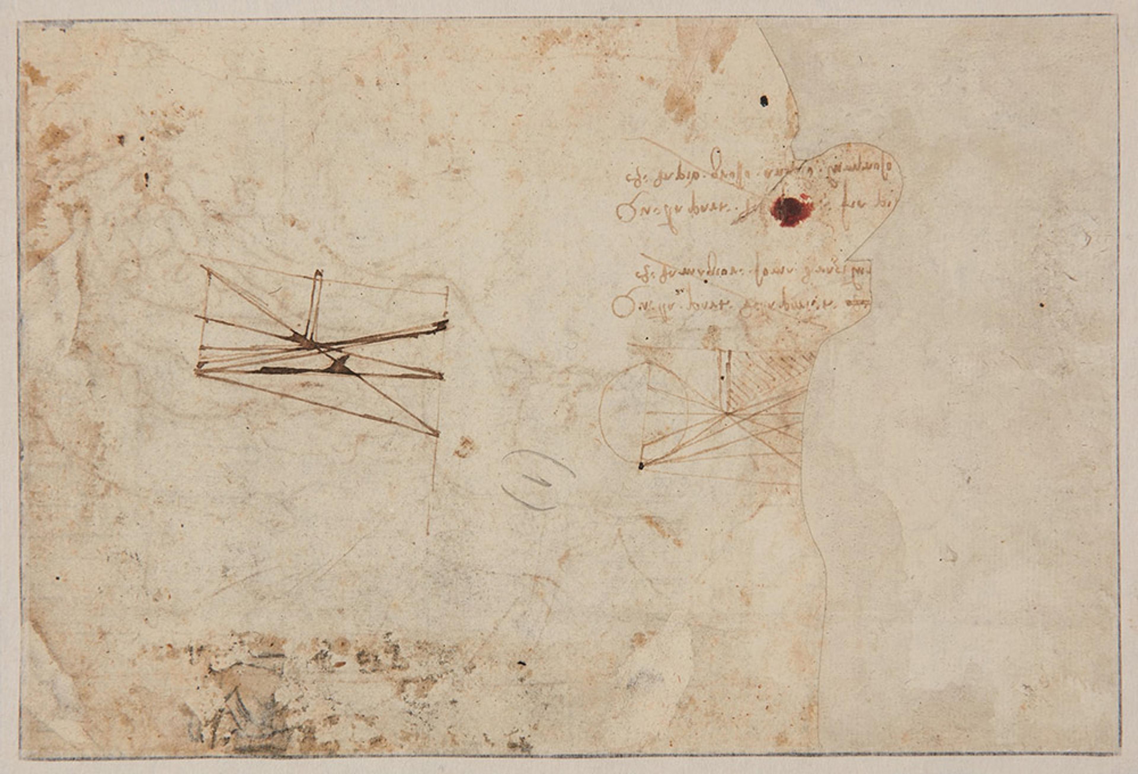 A sketch by Leonardo da Vinci featuring abstract geometric shapes and handwritten notes on a stained, aged sheet of paper.