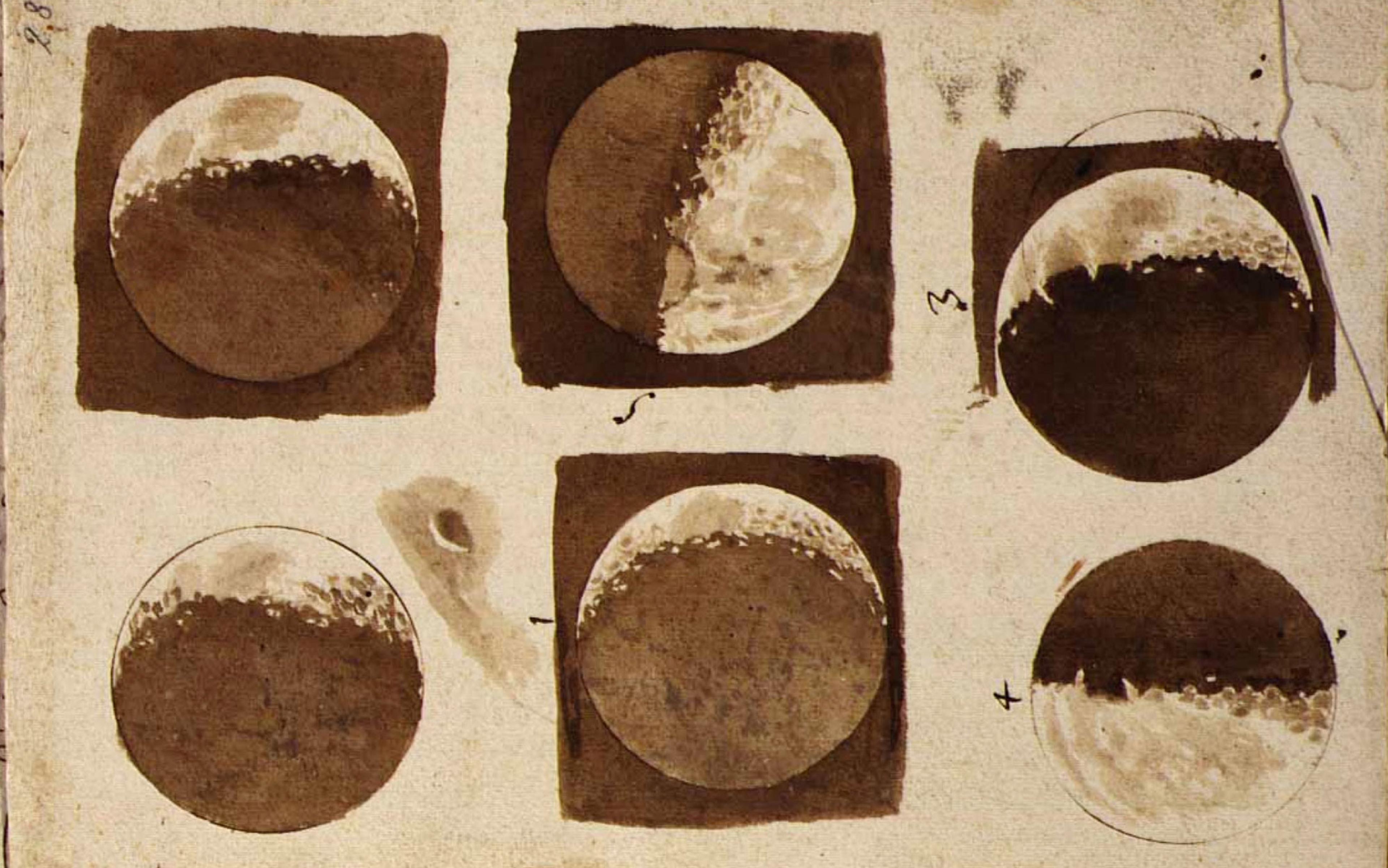 Drawing depicting six phases of the Moon with brown and white shading. The circles are arranged in two rows on aged paper.