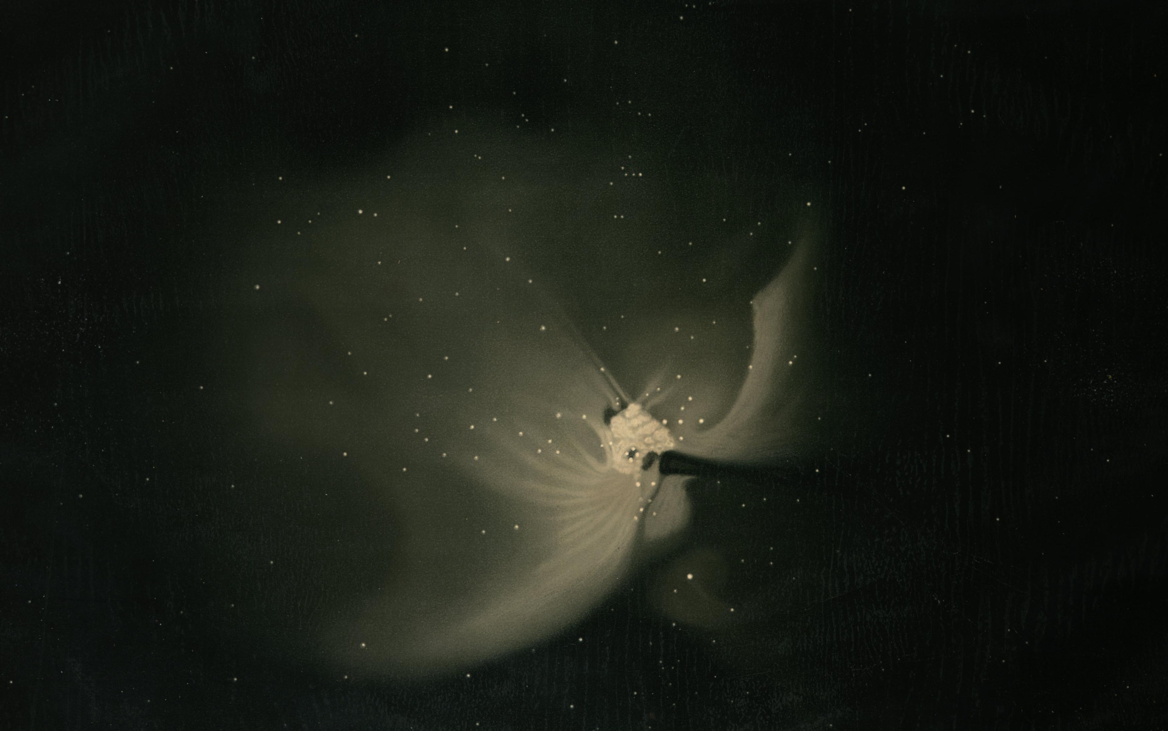 Painting of a nebula with bright star-like spots on a dark background, featuring wispy, cloud-like structures and a glowing central region.