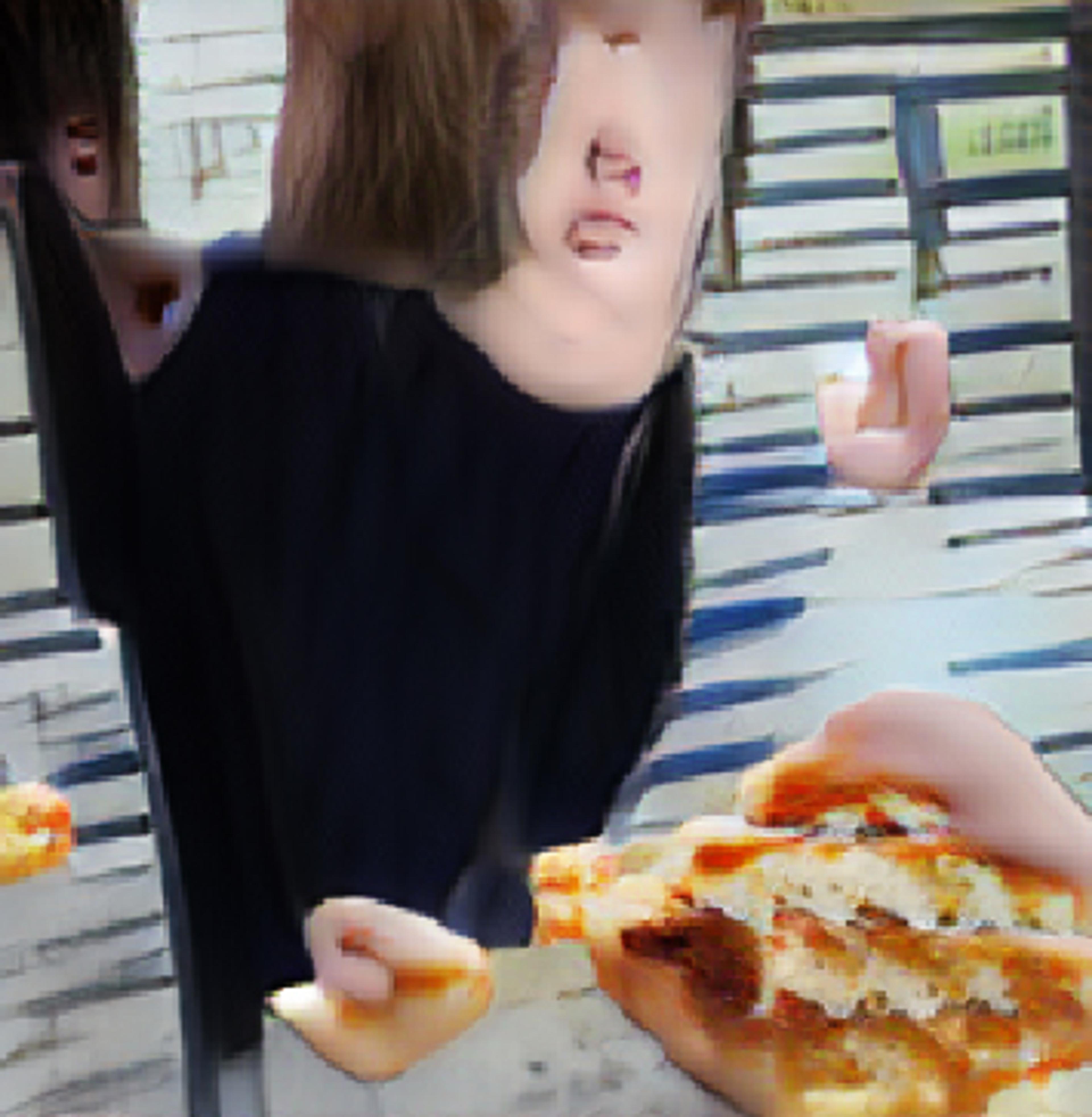 Distorted and abstract AI-generated image of a person eating pizza.