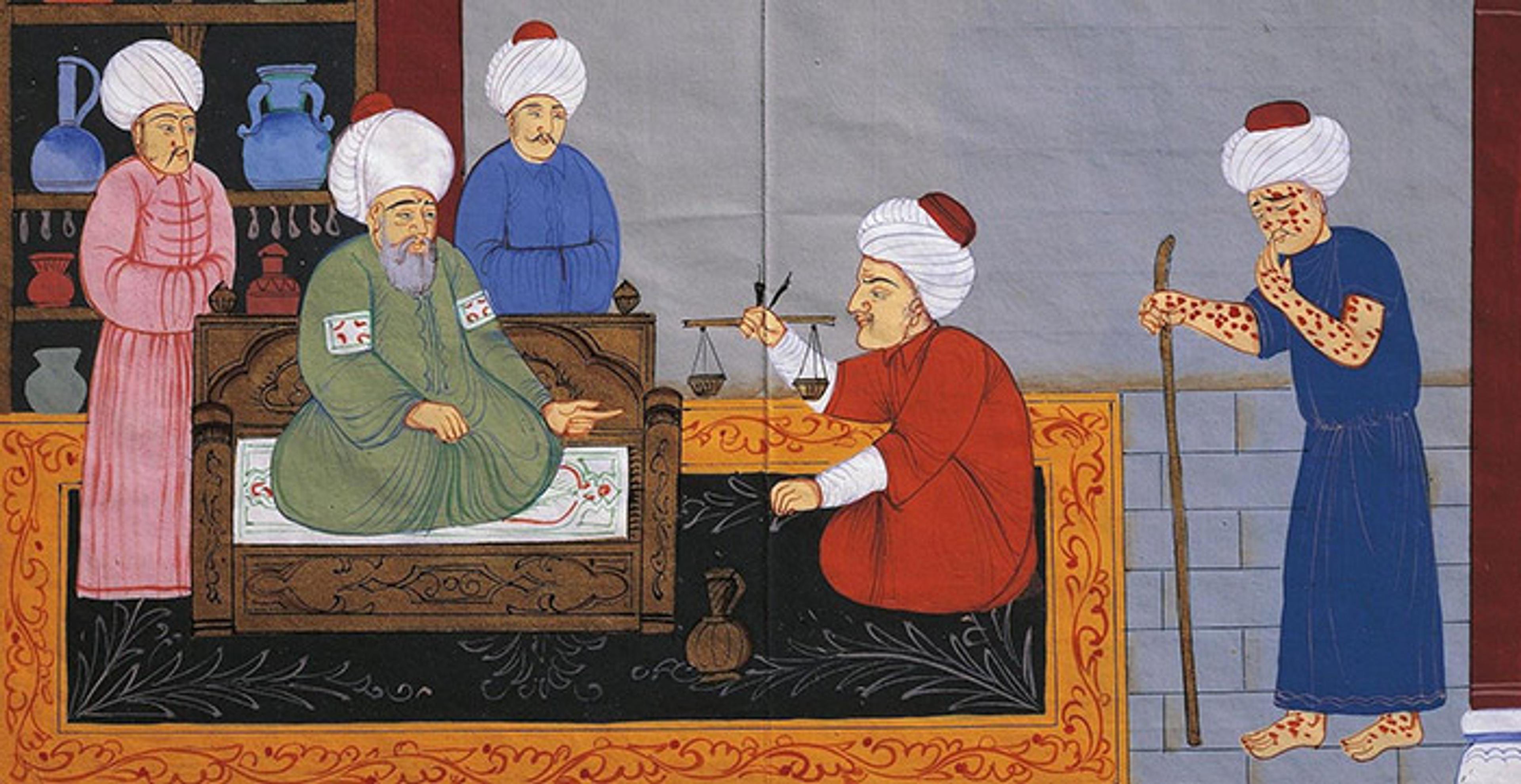A historical painting depicting a physician in a turban conversing with a man holding scales while others watch, including a man covered in red spots.