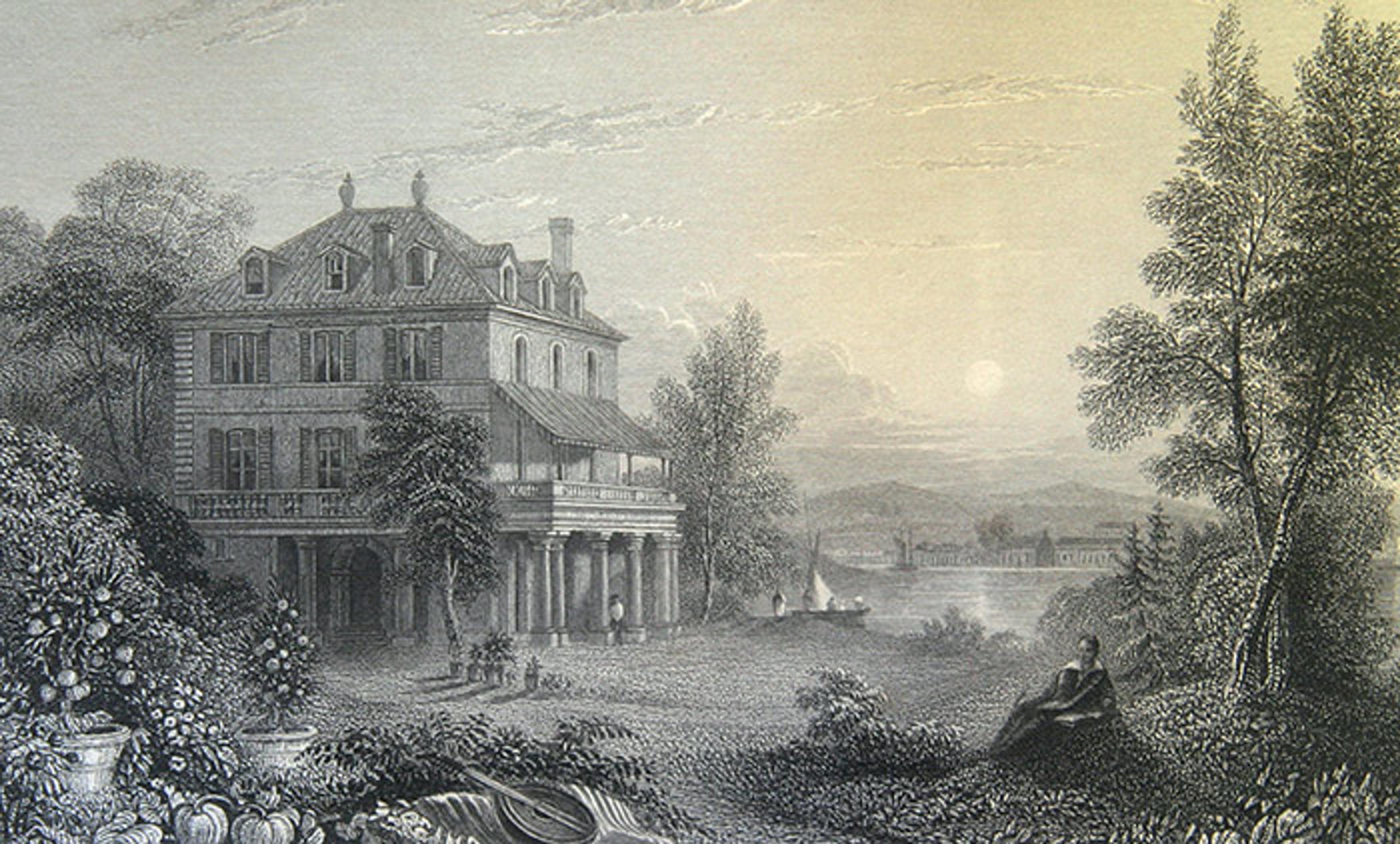 Engraving of a large house in a rural setting at sunset, with trees, a river and hills in the background, a person seated in the foreground.
