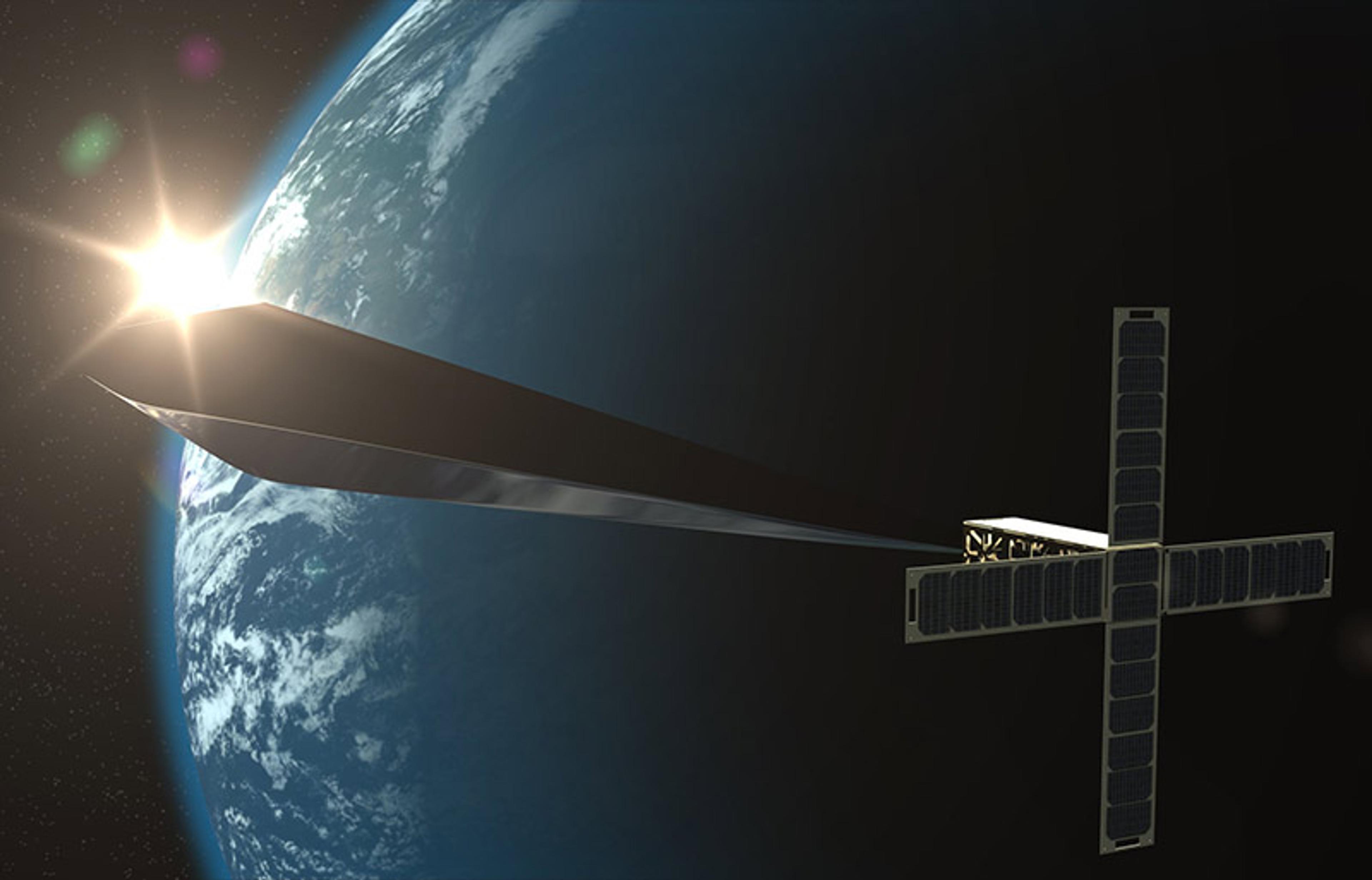A digital design concept of a satellite with solar panels orbiting Earth, with the Sun shining in the background, creating lens flares.