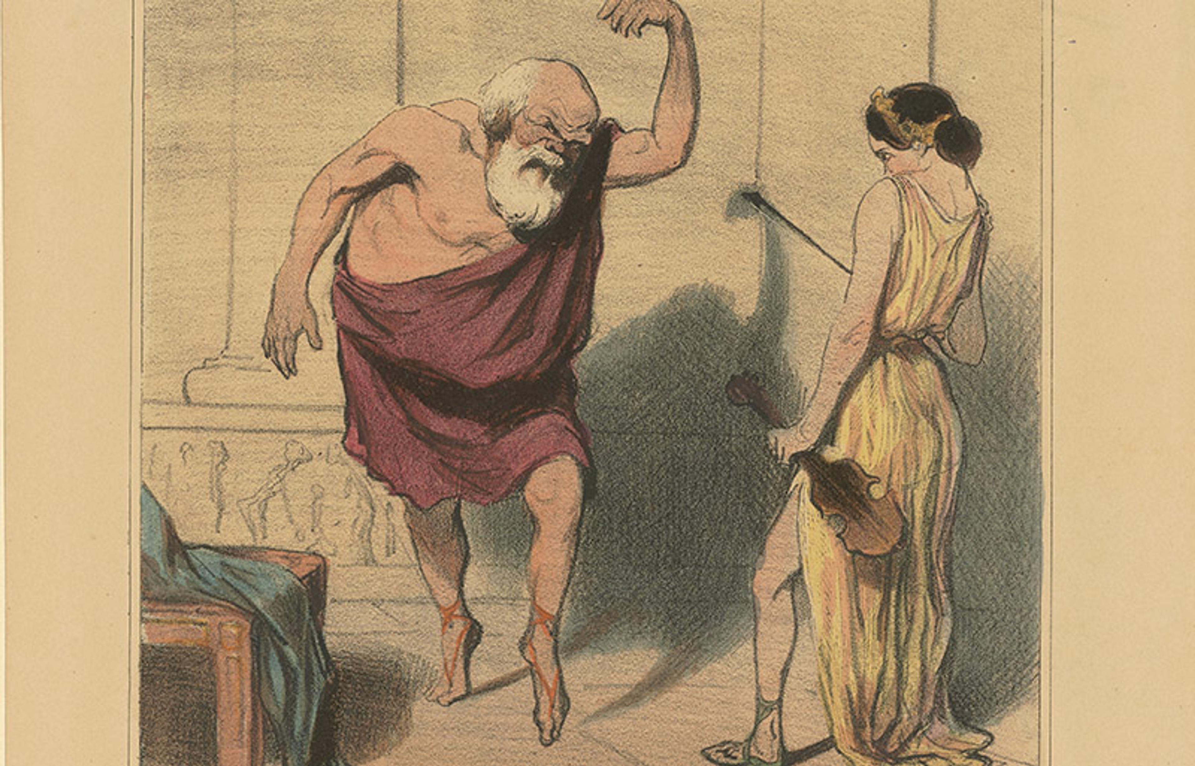 An illustration showing an elderly Socrates dancing in a red toga with his arm raised above his head and a woman next to him holding a lyre.