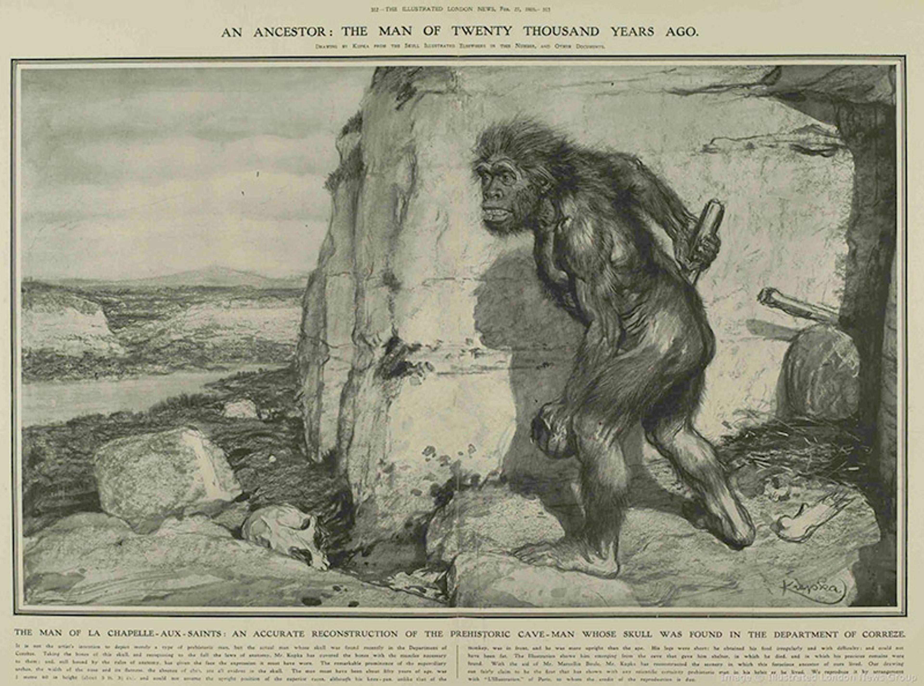 Painting of a prehistoric human holding a tool, standing near rocks with a skull. Background shows a river and landscape.