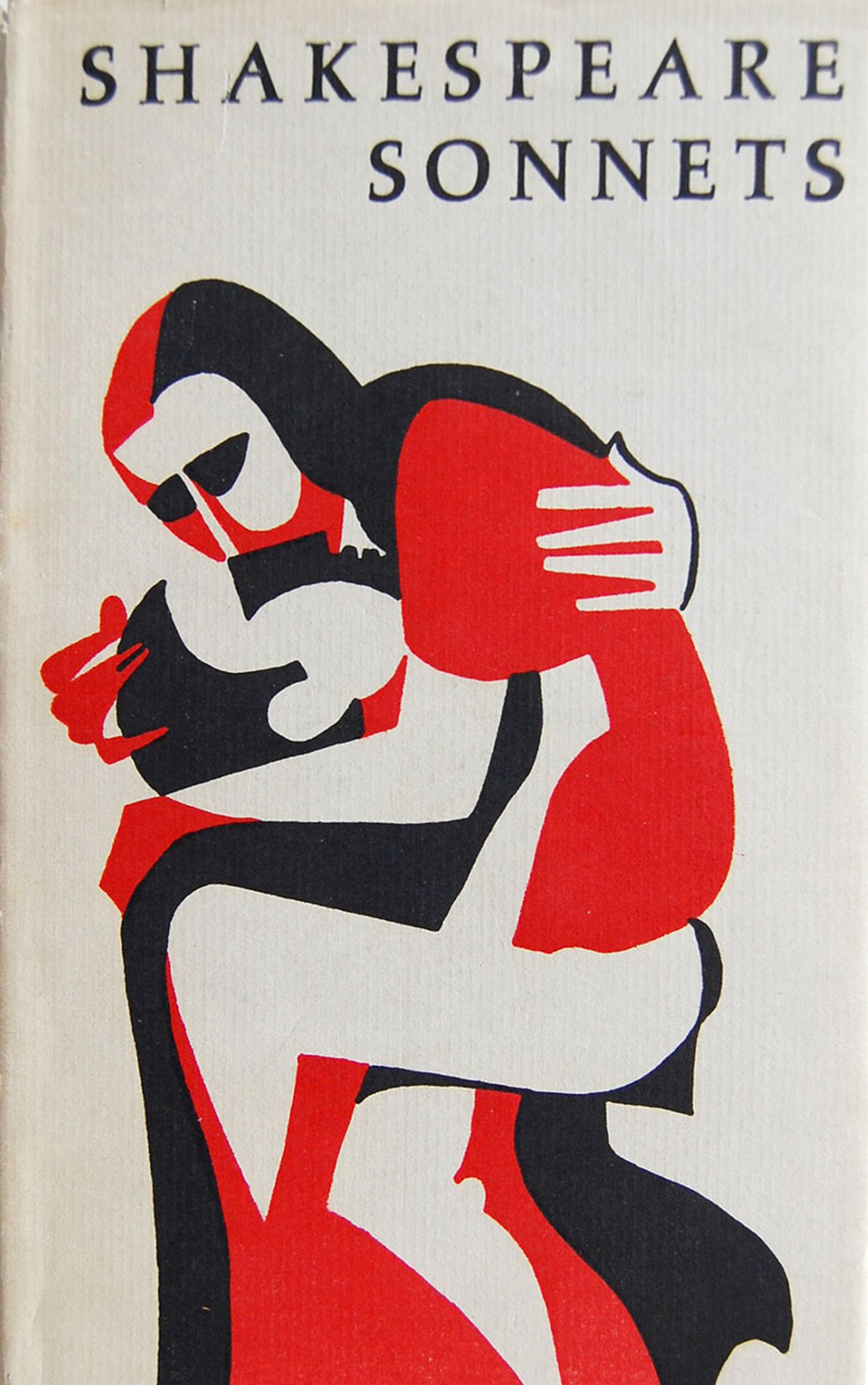 Abstract painting on the cover of Shakespeare Sonnets depicting two figures embracing in red, black and white, simple block colours.