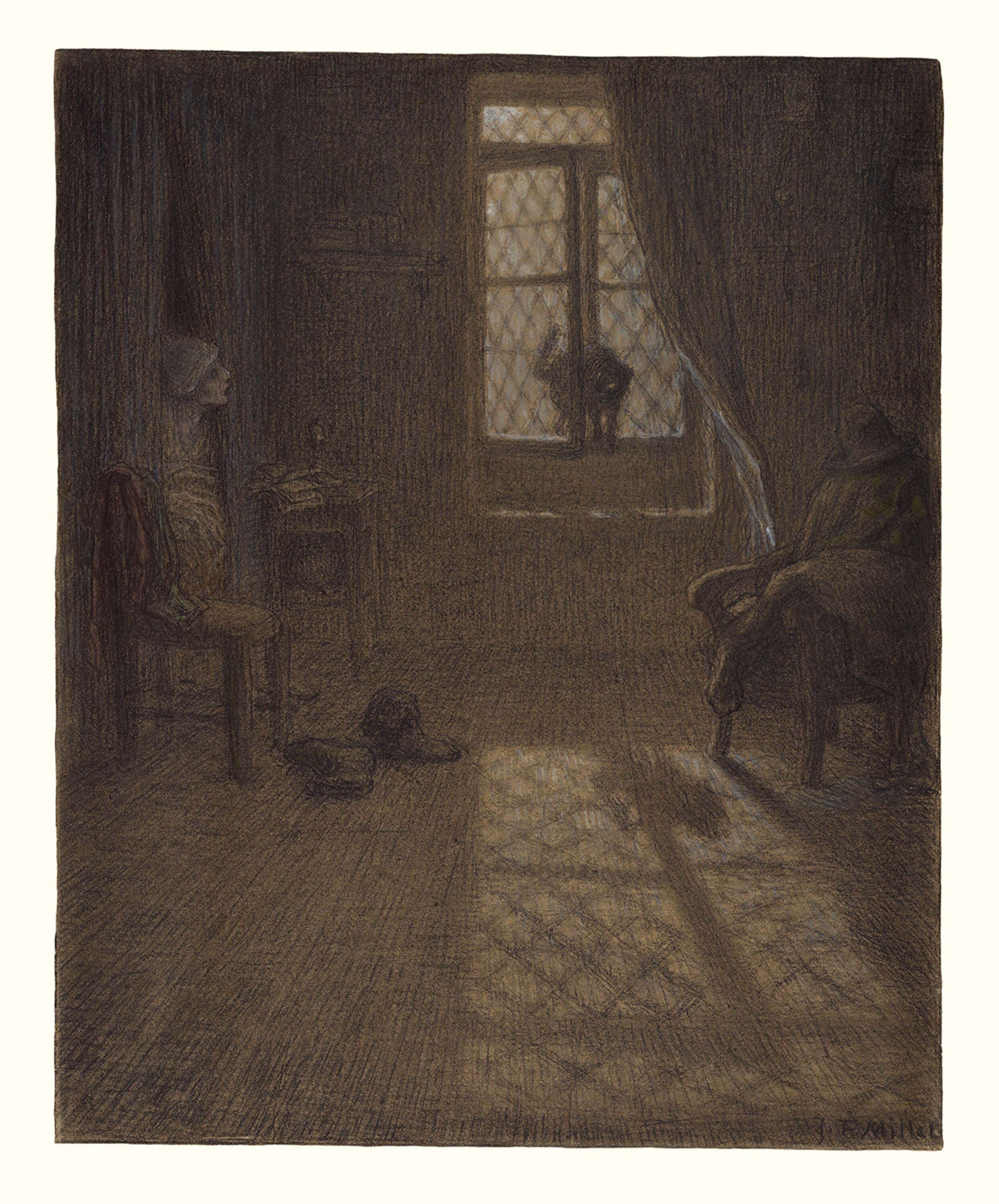 A dark, moody painting of an interior with two figures and a cat sitting on a window ledge, lit by a gridded window.