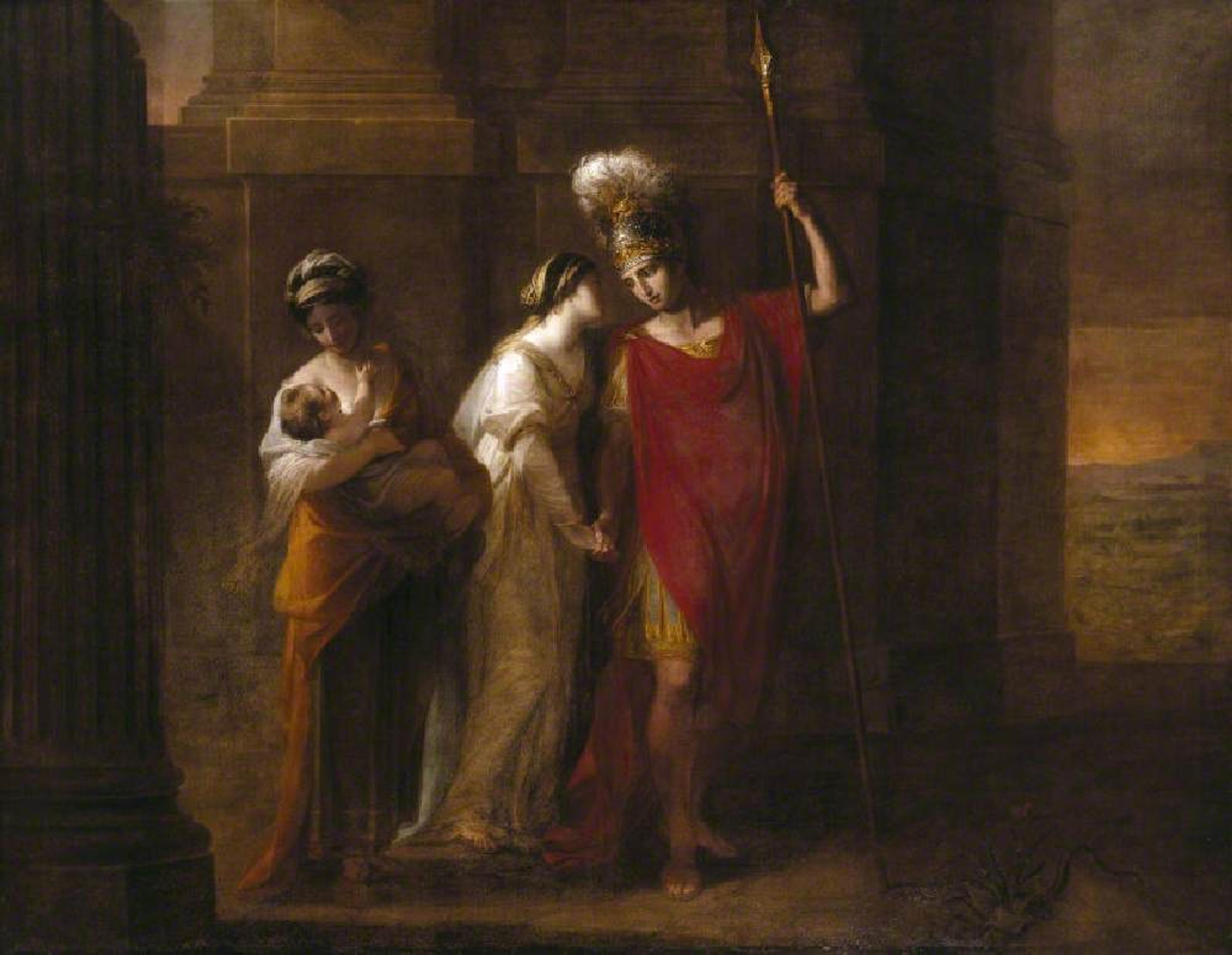 Angelica Kauffmann 于 1768 年描绘赫克托耳告别妻儿的场景,呈现英雄远行与家庭照护的分工。