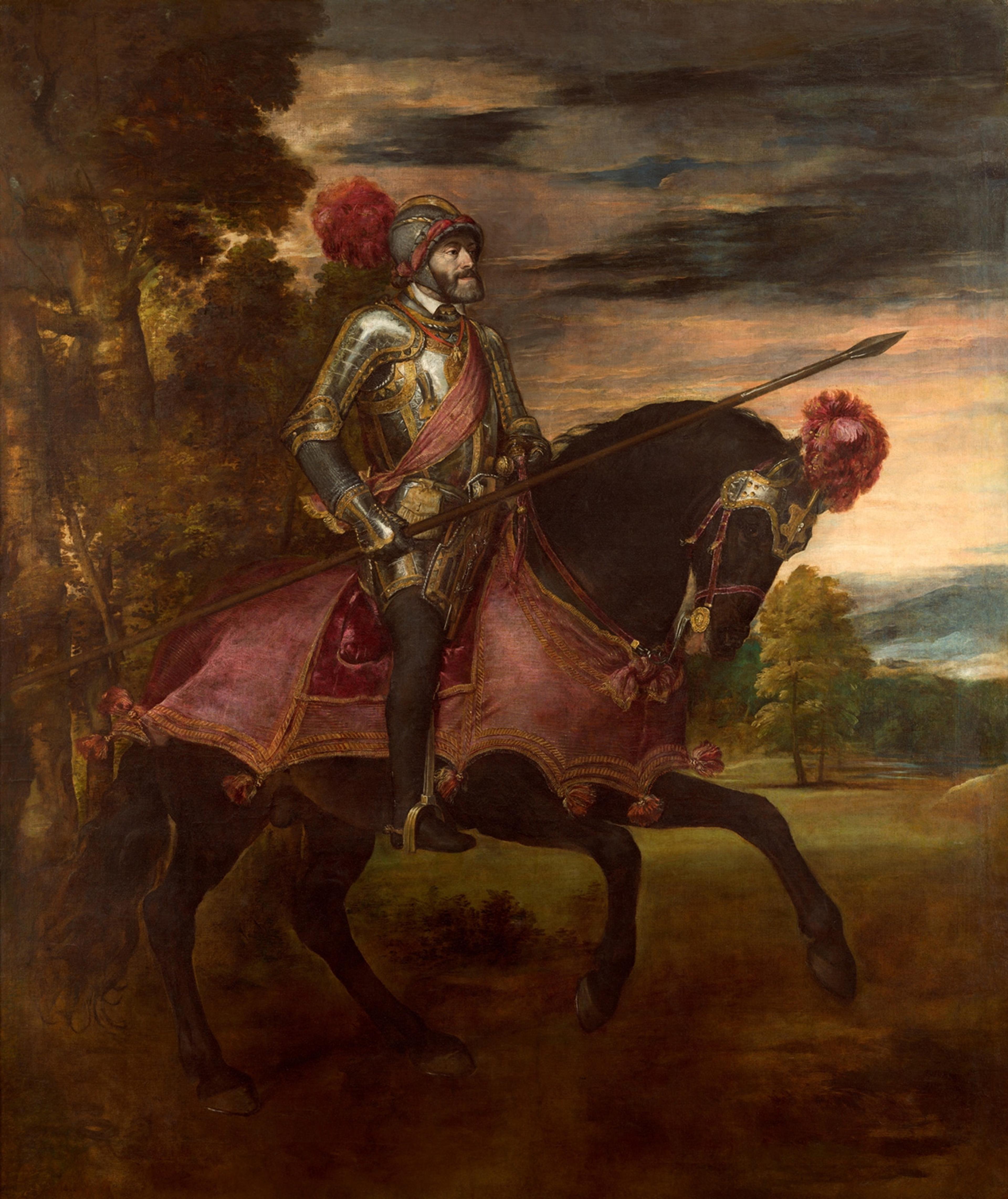 A historical painting of an armoured knight on horseback holding a lance set against a dramatic sky and landscape.